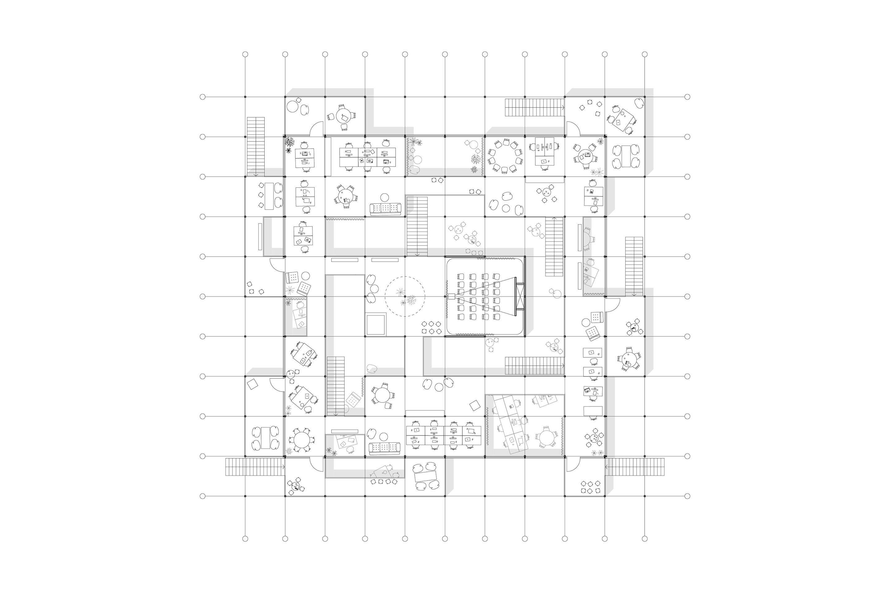 Plan étage: la fantaisie offerte par l’approche modulaire déjoue la monotonie du système. Bien que le plan ne mesure que 30 x 30 m, le rez-de-chaussée est desservi par quatre entrées et l’étage par quatre escaliers extérieurs et cinq intérieurs.