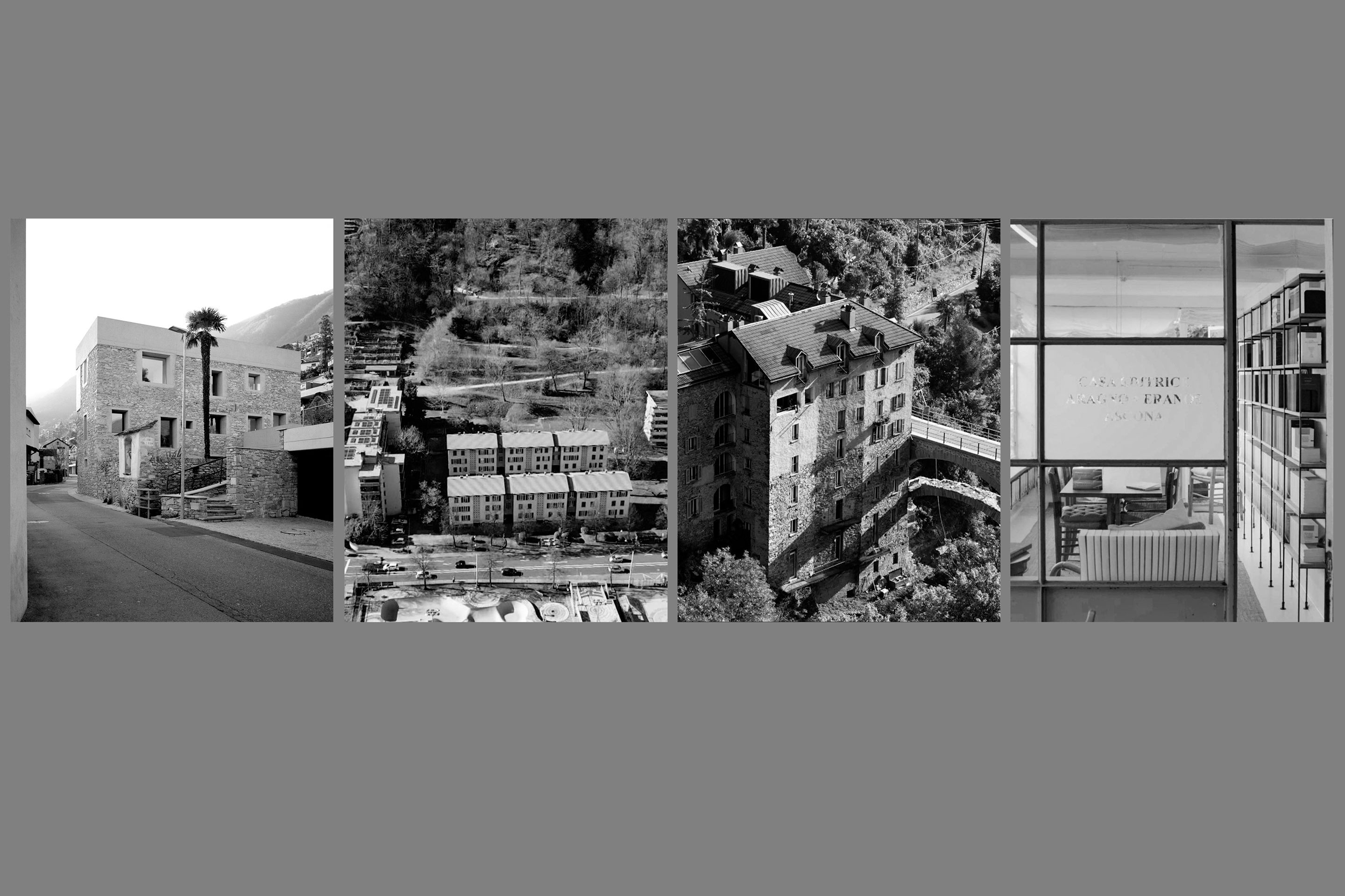 Da sinistra: Ca' del Tero, Minusio, Barkte Pedrazzini; Case del '48, Lugano, fratelli Tam; Pastificio Ponte dei Cavalli, Cavigliano; Casa Gabriella, della fondazione Eranos, Ascona.