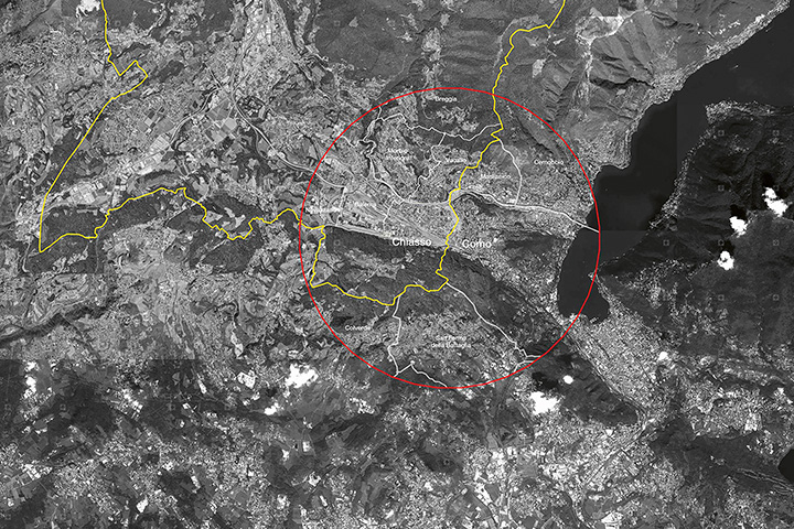 Mappa della zona d'intervento tra Chiasso e Ponte Chiasso, luogo d’indagine degli studi transfrontalieri, urbanistici e architettonici dei 141 progetti di Diploma 2020 dell'Accademia di architettura di Mendrisio.