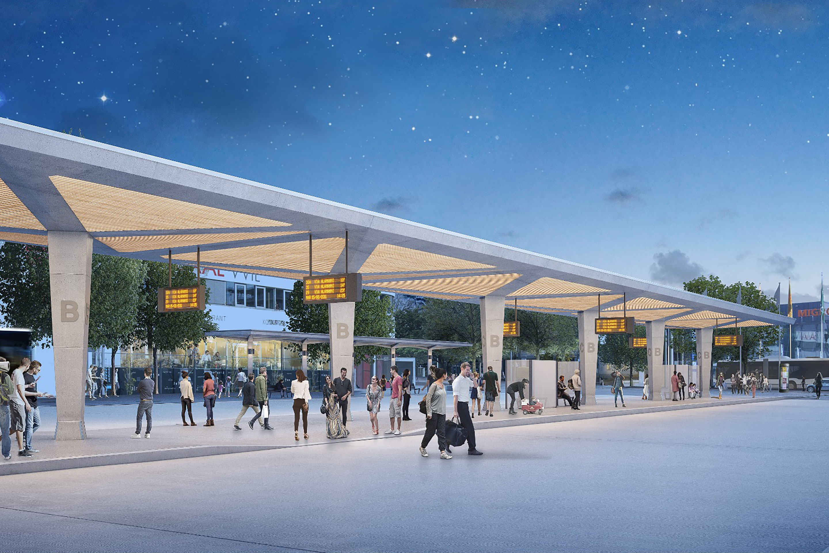 Der neue Bushof bietet 17 fahrplanmässige Bushaltekanten.