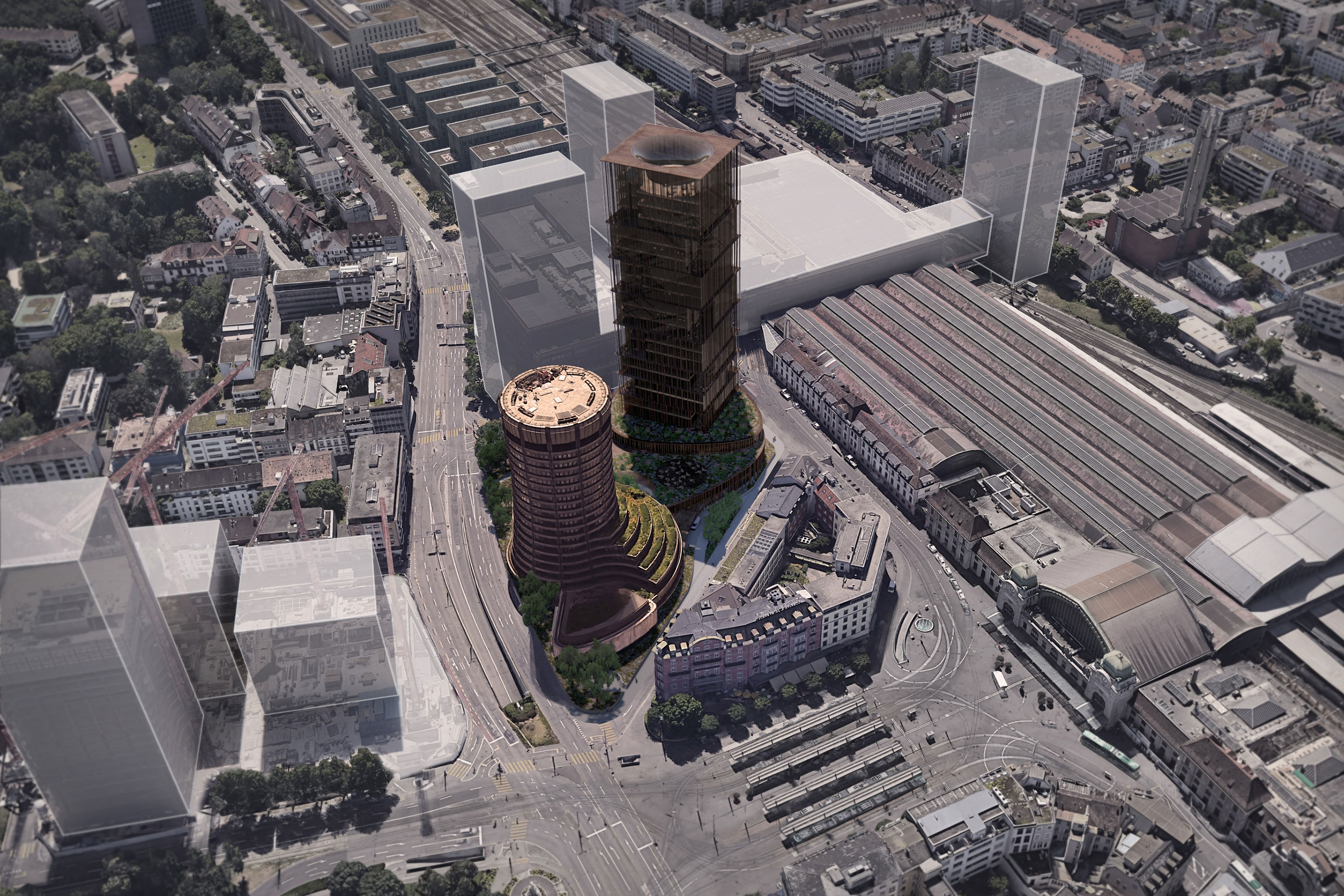 Zusammen mit dem Siegerprojekt sind die geplanten Türme vom Nauentor und dem bereits gebauten Baloise-Park (links) zu sehen.
