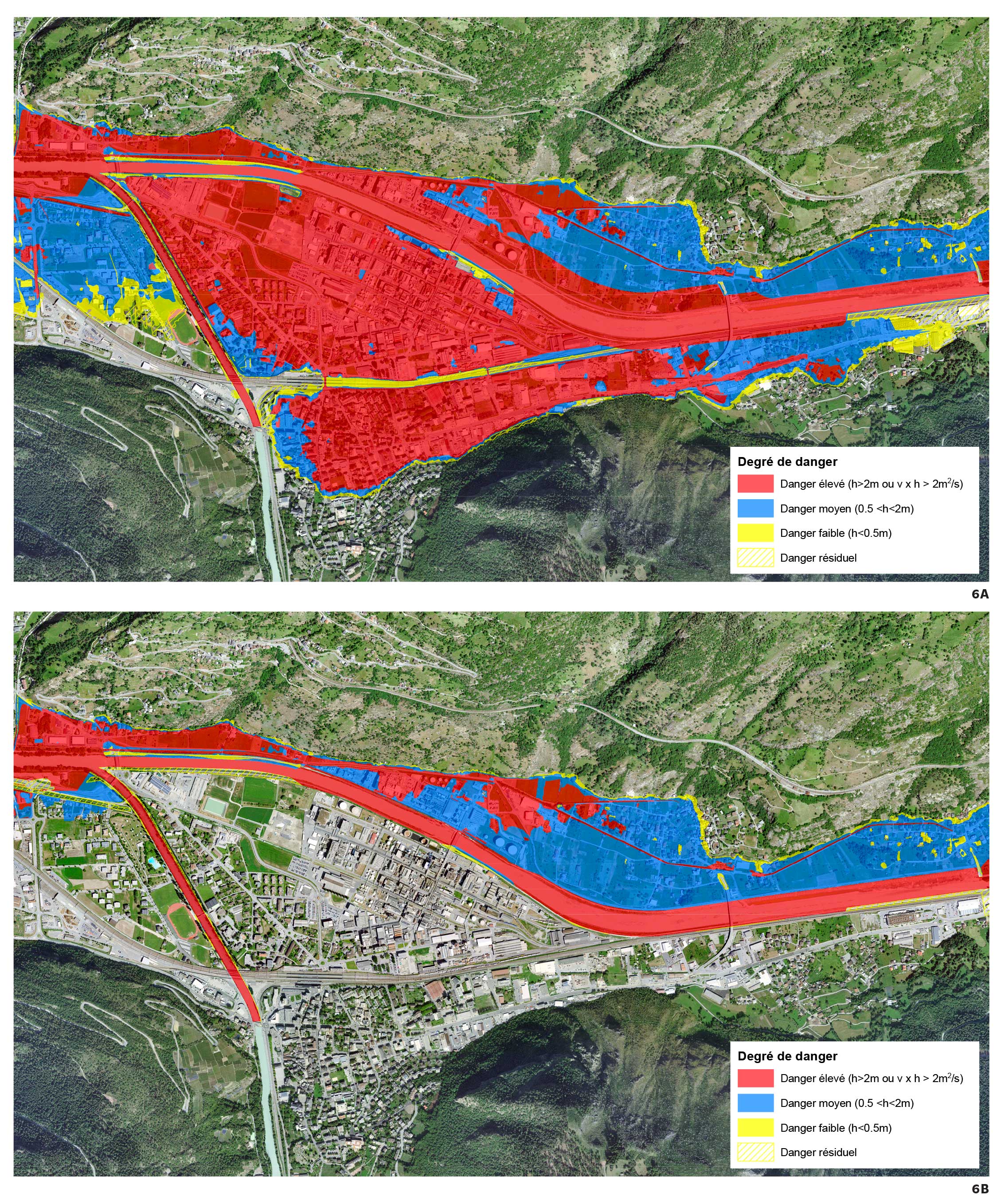 6. Carte du degré de danger d’inondation pour le secteur industriel et bâti «Lalden-Viège-Baltschieder» avant R3 A et actuellement B: 160 hectares de terrains en zone à bâtir sont désormais hors de danger.