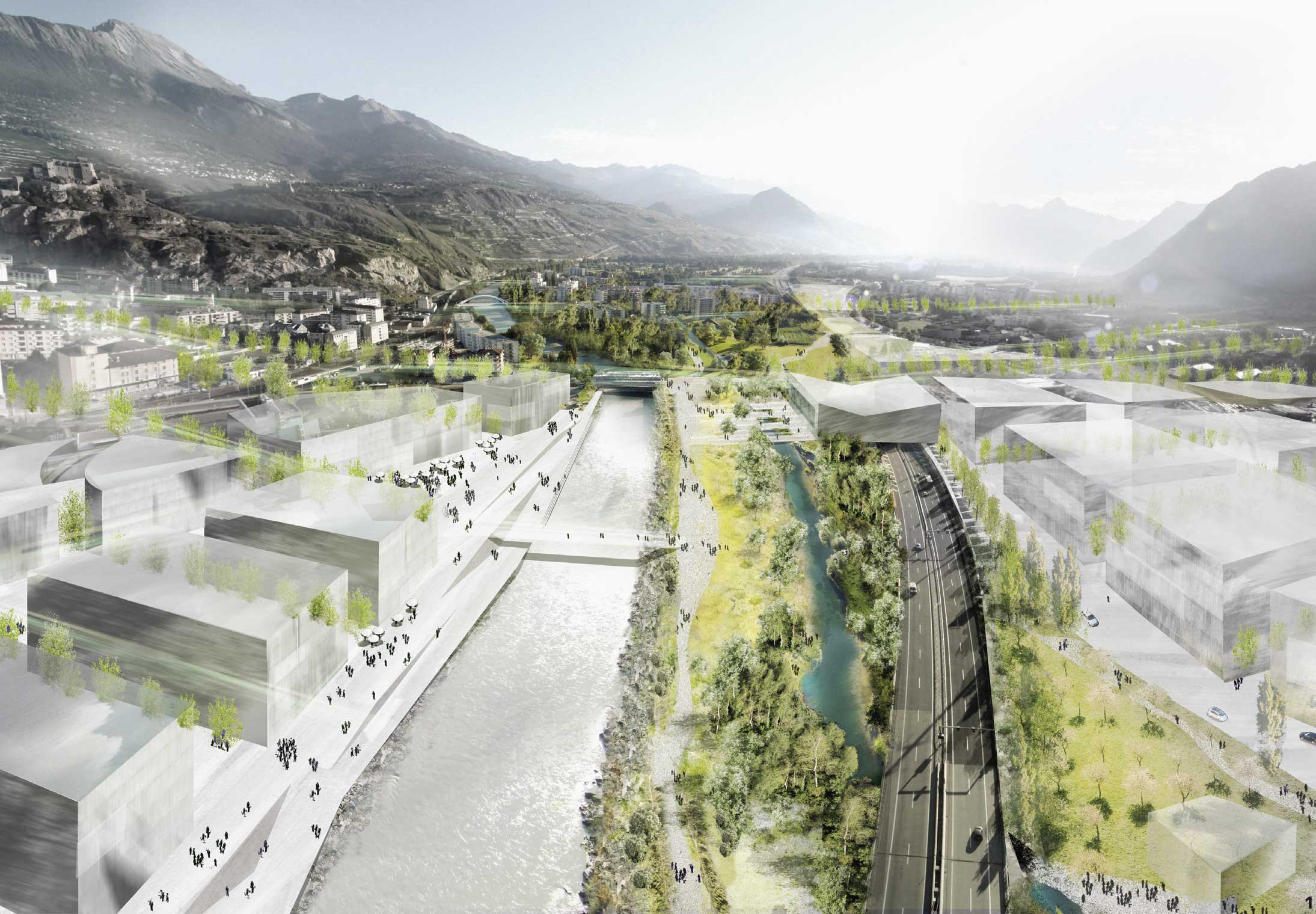 1. Perspective des berges du Rhône et du projet de développement urbain en traversée de Sion. Concours d’urbanisme 2012, équipe Paysagestion lauréate, projet en cours.