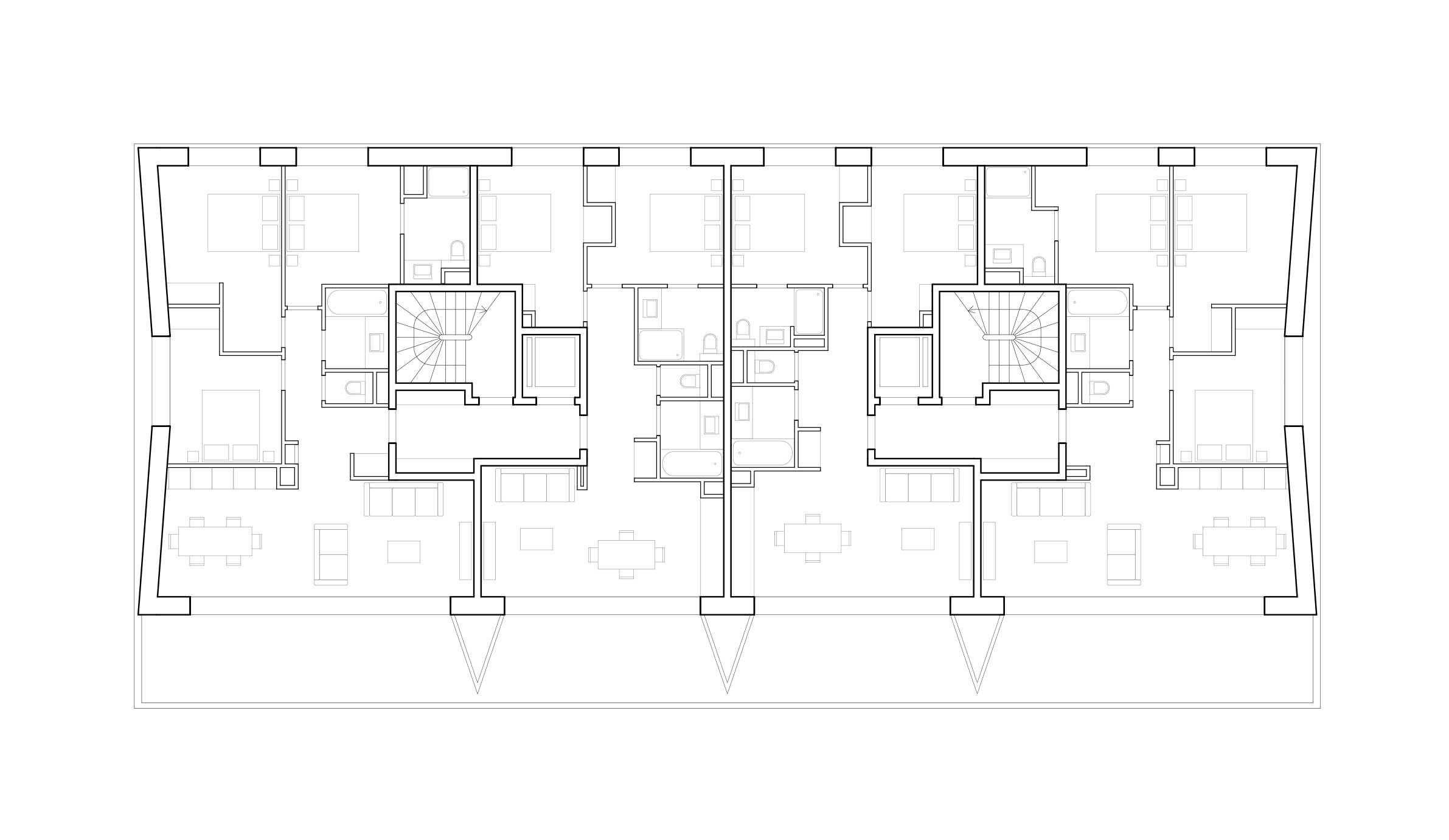 Plan de l’étage type du bâtiment A. Les appartements sont traversants et s’ouvrent vers le sud, profitant de larges terrasses disposées le long des balcons filants.