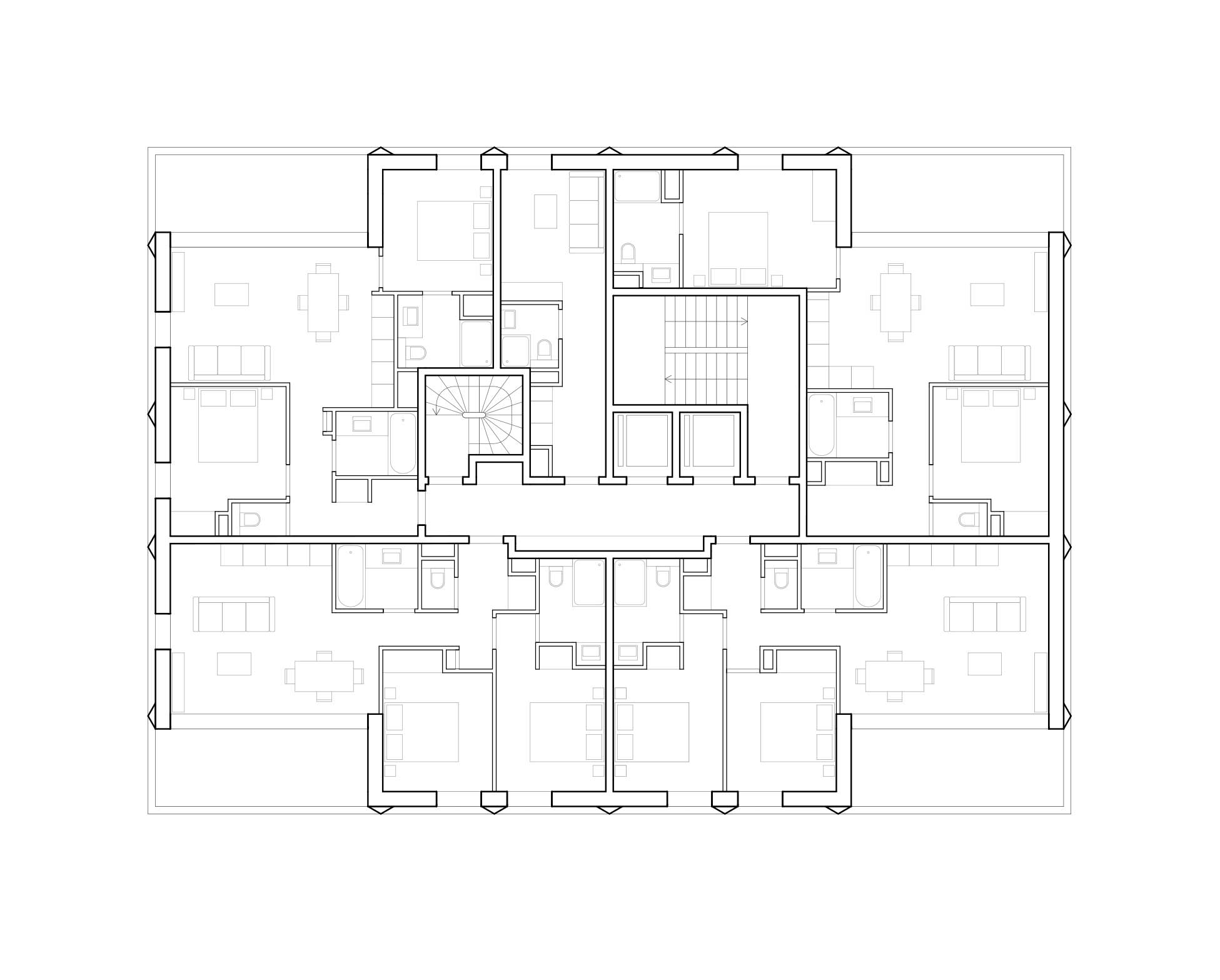 Plan de l’étage type du bâtiment B. Les appartements jouissent toujours de deux orientations mais se déploient désormais autour d’un seul noyau distributif. Les terrasses en loggias s’ouvrent dans les angles.