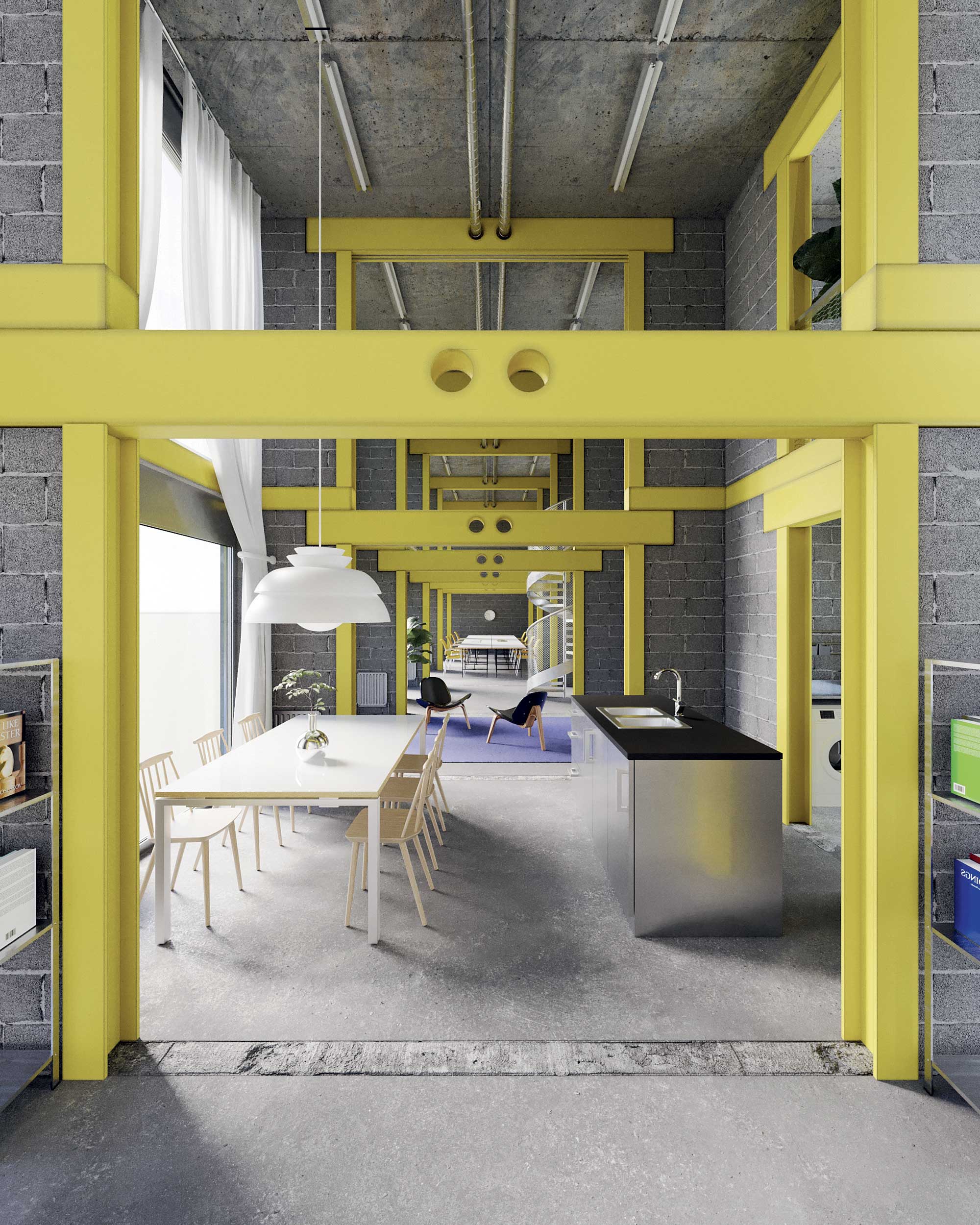 Modélisation 3D issue du projet Hardware/Software pour le concours Stadthotel Triemli, 2023, témoignant de différents scénarios d’occupation à l’intérieur de la structure primaire