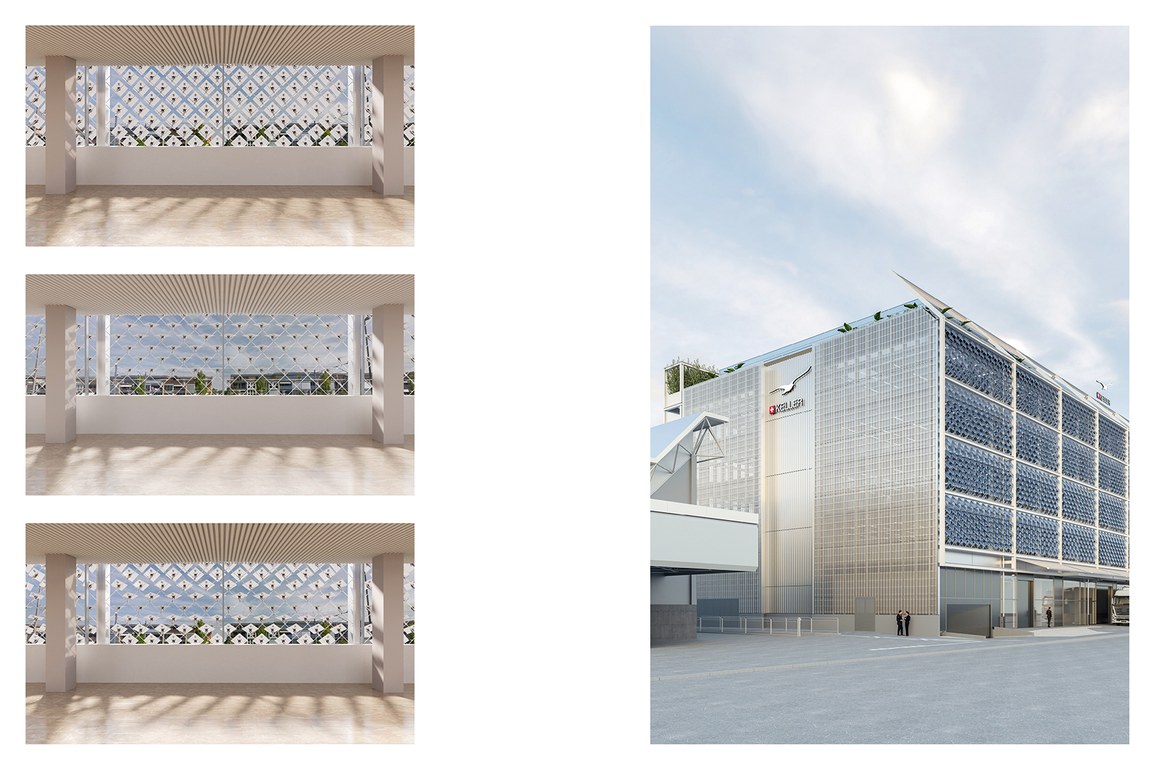 Edificio KELLER Diamant, Winterthur. Varianti di posizionamento dei pannelli e visualizzazione dell'angolo dell'edificio