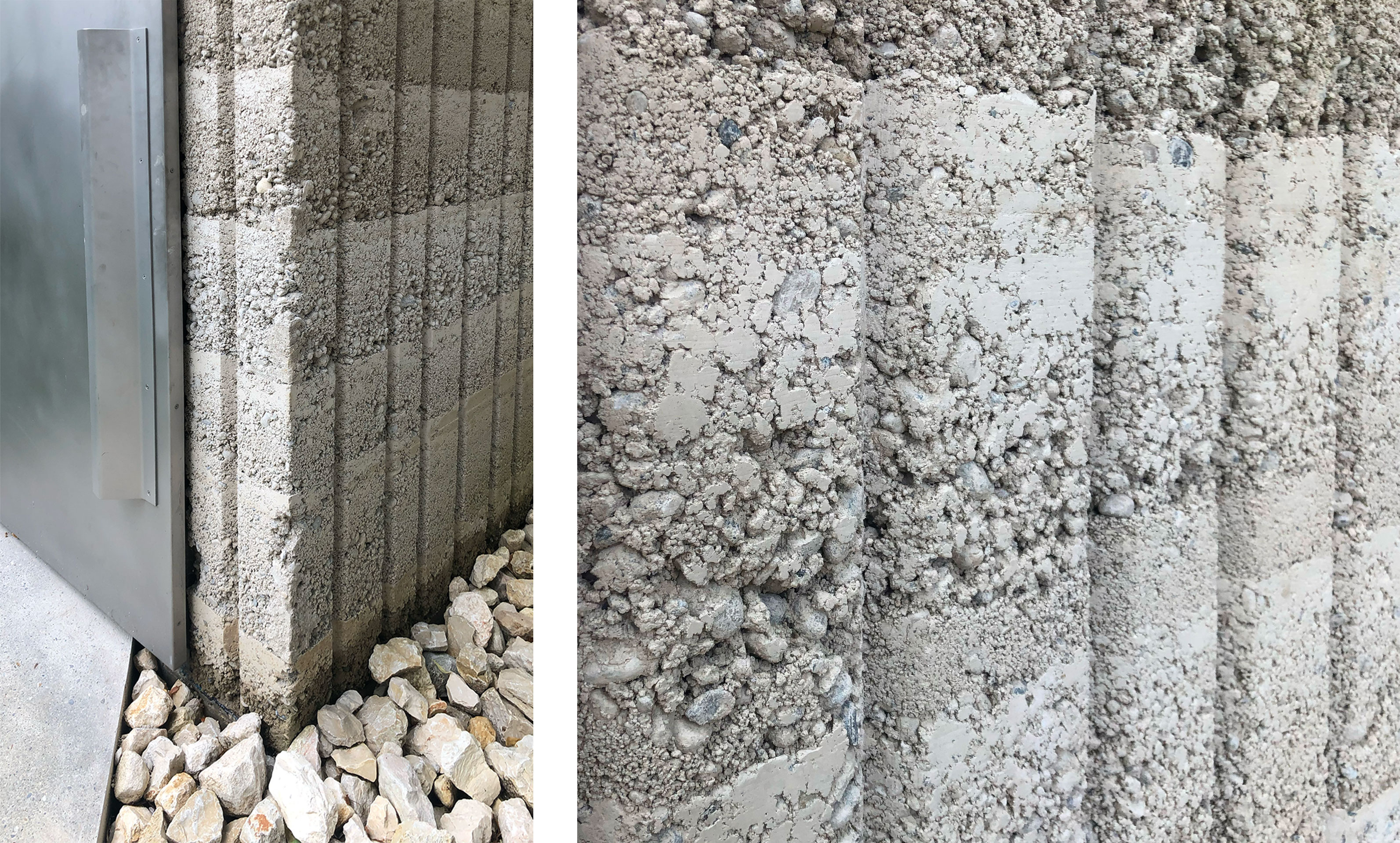 Dreieckige Schalungseinlagen in der Vertikalen und die durch den Herstellungsprozess bedingten, sichtbaren horizontalen Schichten aus Trass-Kalk-Beton verleihen der Oberfläche einen unverwechselbaren Charakter.