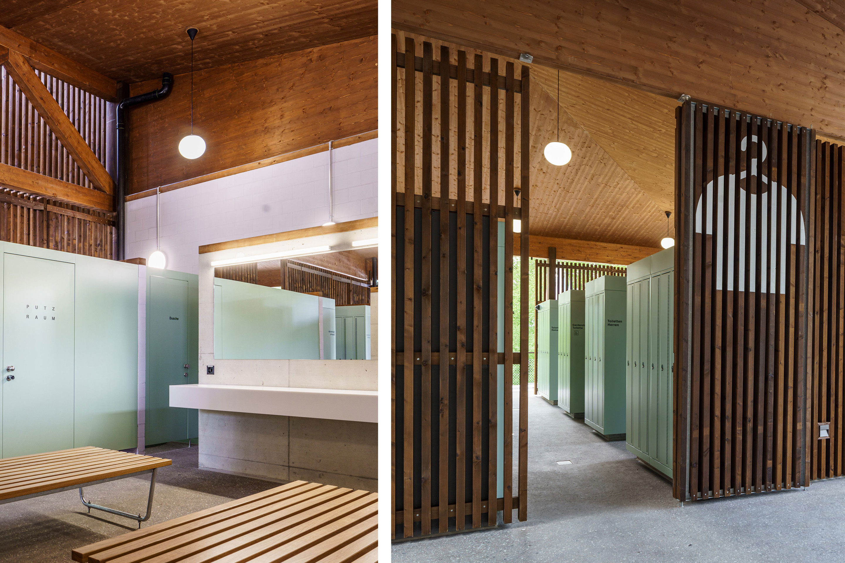 Die Garderoben sind funktional schlicht gehalten, zartes Resedagrün setzt einen Farbakzent zum Holz. Direkt auf die architektonischen Elemente aufgetragene Piktogramme bilden die Signaletik.