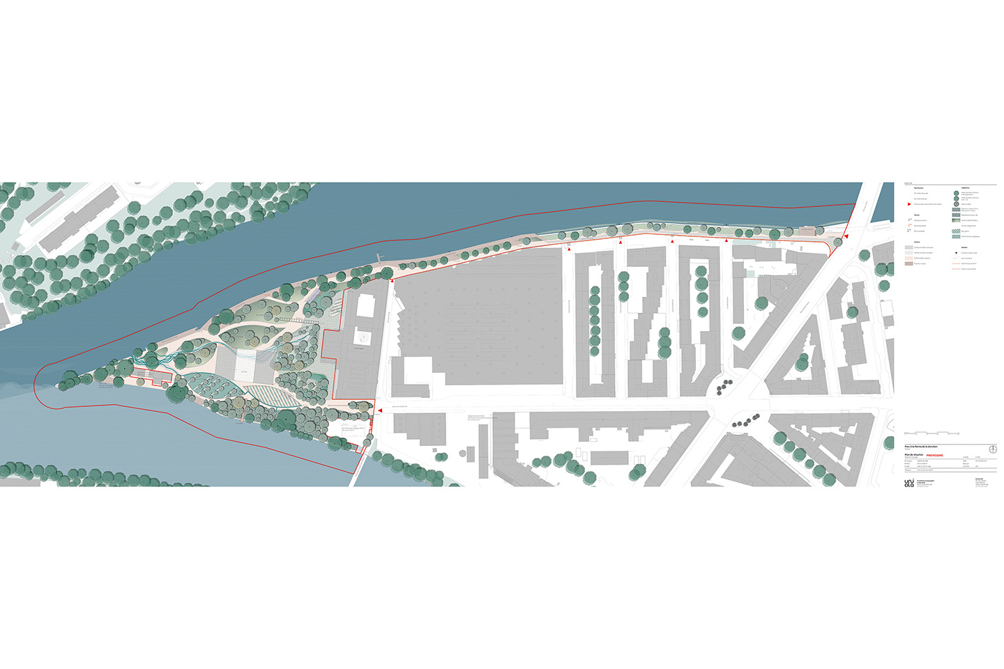 Die Pointe de la Jonction befindet sich an der Spitze der Landzunge, wo Arve  und Rhone zusammenfliessen. Nur einen Katzensprung vom Genfer Stadtzentrum ent­fernt, ist das Naherholungsgebiet im Sommer ein beliebter Tummelplatz. Situationsplan.