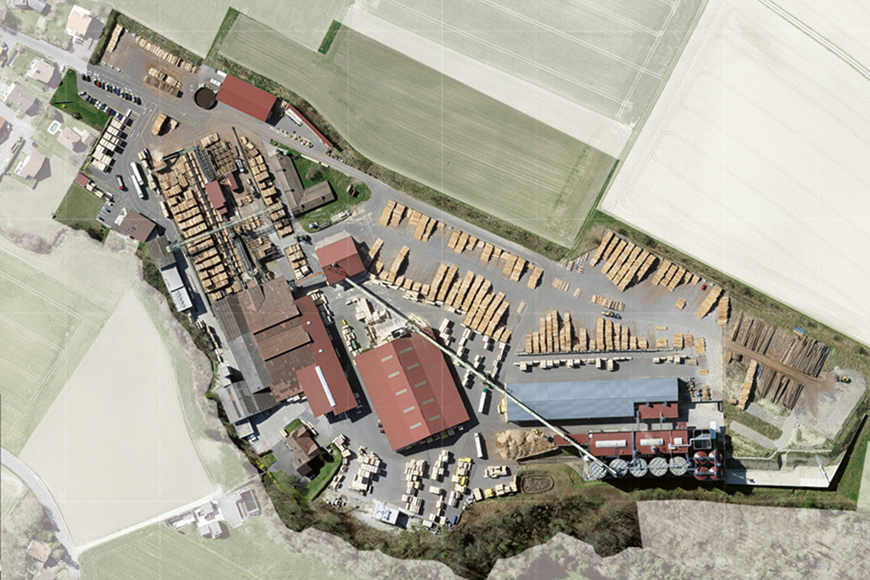 Vue aérienne de la scierie Zahnd
