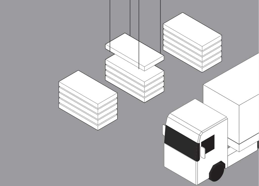 Solution dalle précontrainte pour pierre naturelle ou béton de réemploi: stockage et transport des unités faisant approximativement 0.75 m3 et 1.9 t (pierre) et 0.75 m3 et 1.75 t (béton)