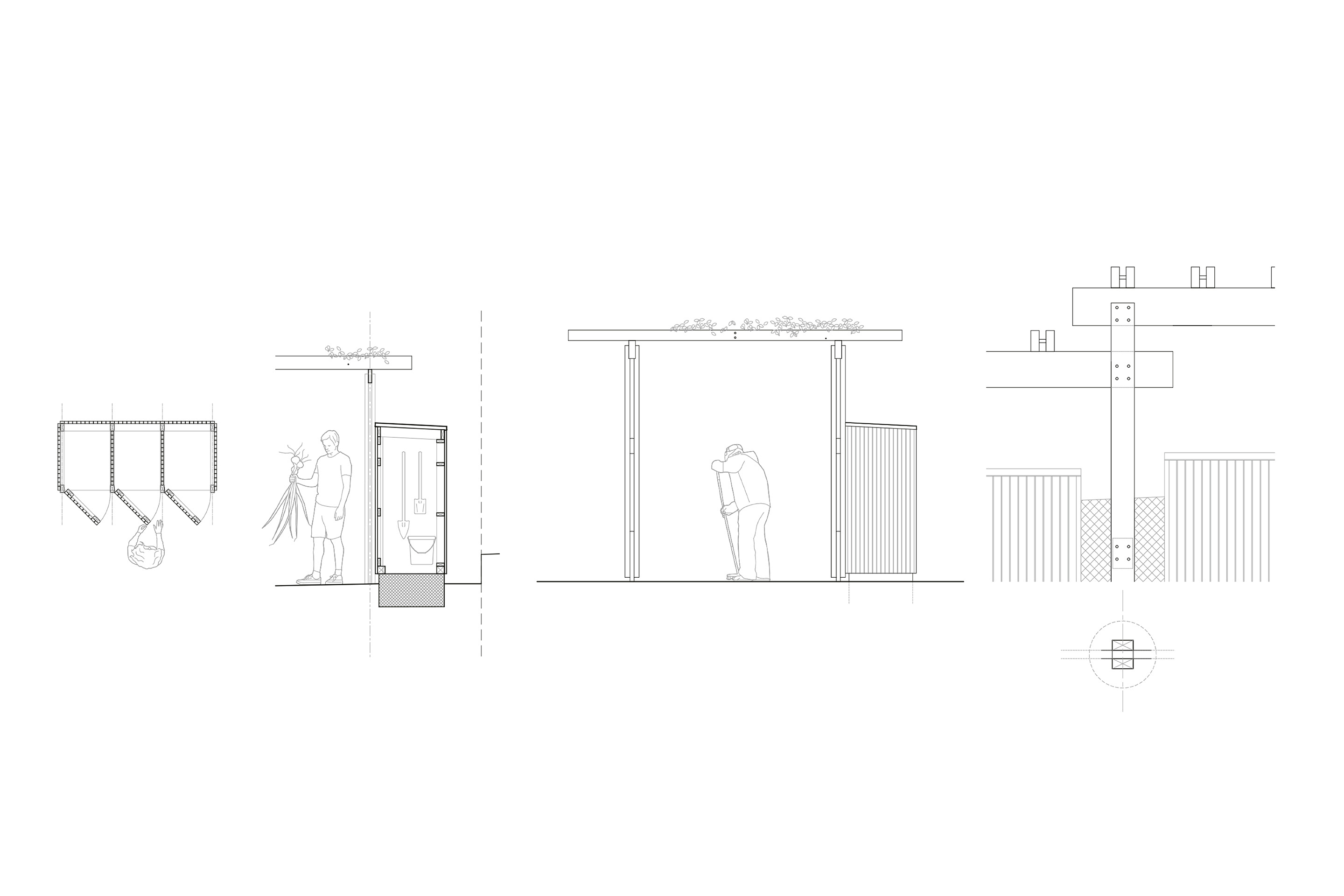 De gauche à droite : Plan et coupe de l'armoire à outils à trois portes, élévation de la pergola avec l'armoire à outils et détail d'articulation au niveau de la colonne de la pergola.