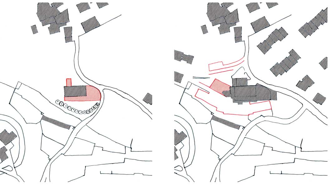 Dessins du bâti et des murs. Les phases d’agrandissement sont représentées en rouge et montrent comment la plus récente complète le dessin des clos du vignoble.
