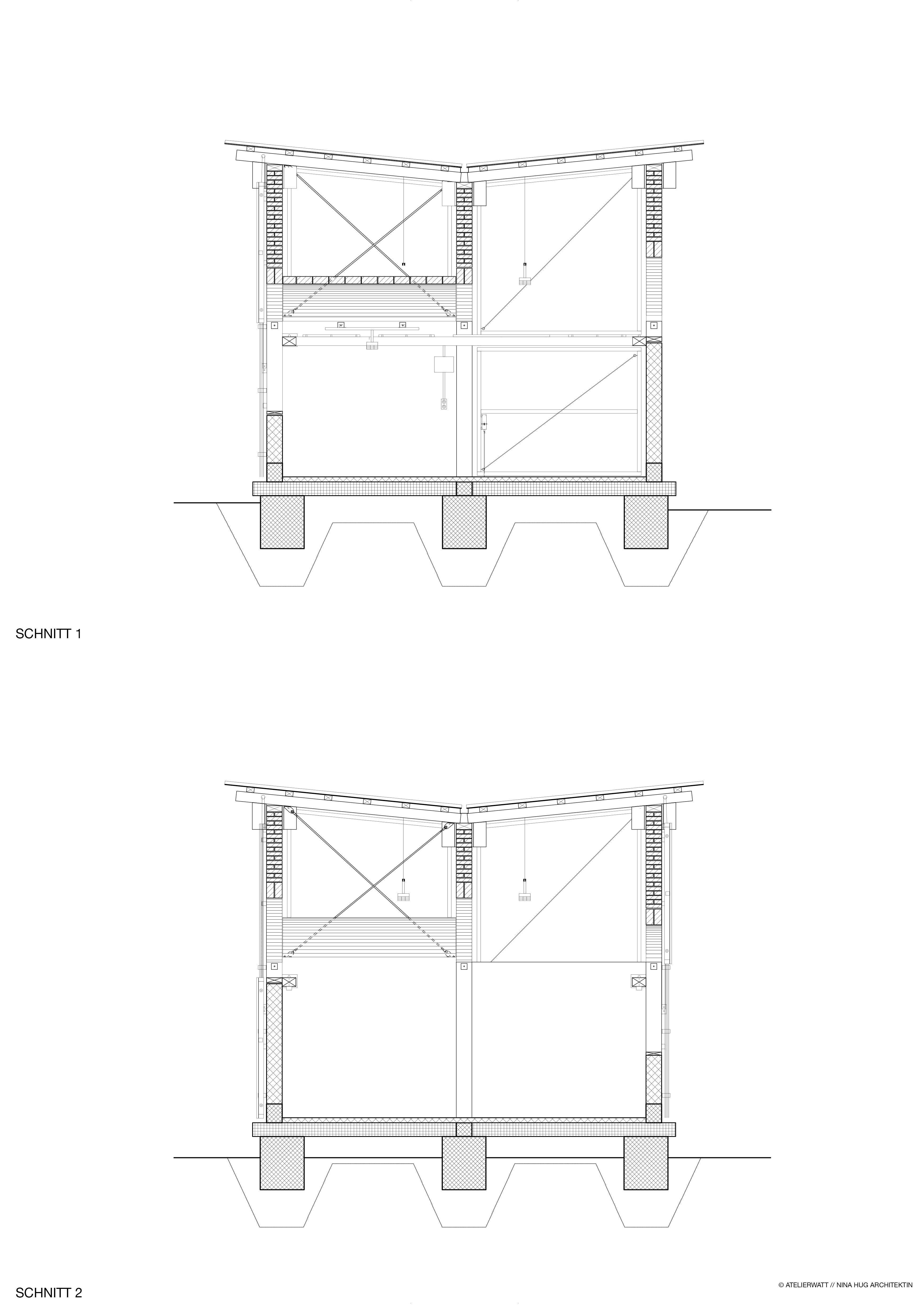 Das Streifenfundament des Pavillons besteht aus einem mit Abbruchmaterial und dem Bindemittel «Oxacrete Oulesse» gefertigten Beton; die Bodenplatten stammen aus einem anderen Gebäude.