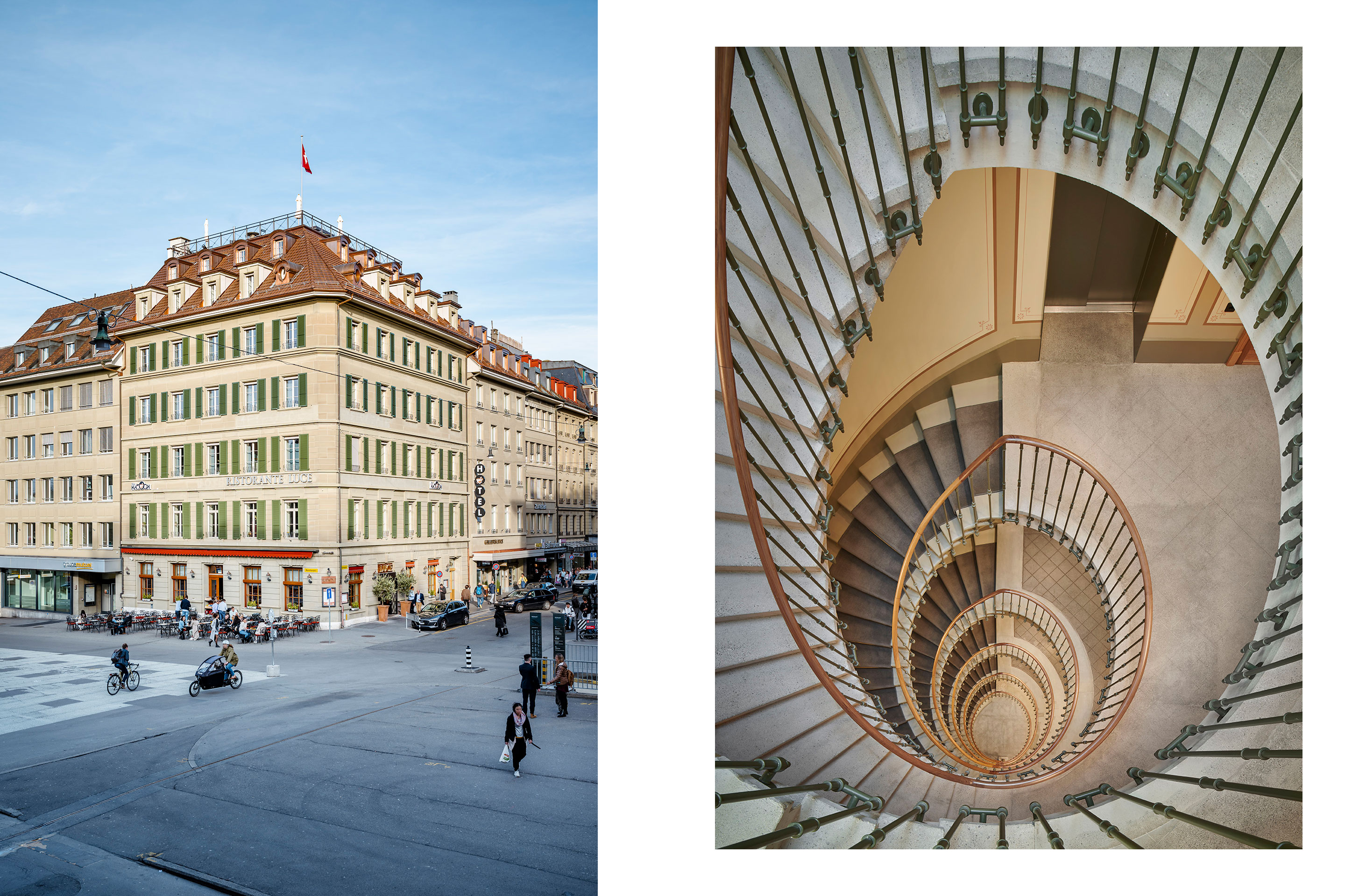 Aussenansicht Zeughausgasse 28 (Hotel Metropol) mit wiederhergestellten ovalen Lukarnen und neuer Dachkrone (links). Rechts: Historisches Treppenhaus und dessen Erweiterung (oberster Lauf) sowie nach Befund wiederhergestellte Oberflächen (Burckhardt Architektur, Bern).