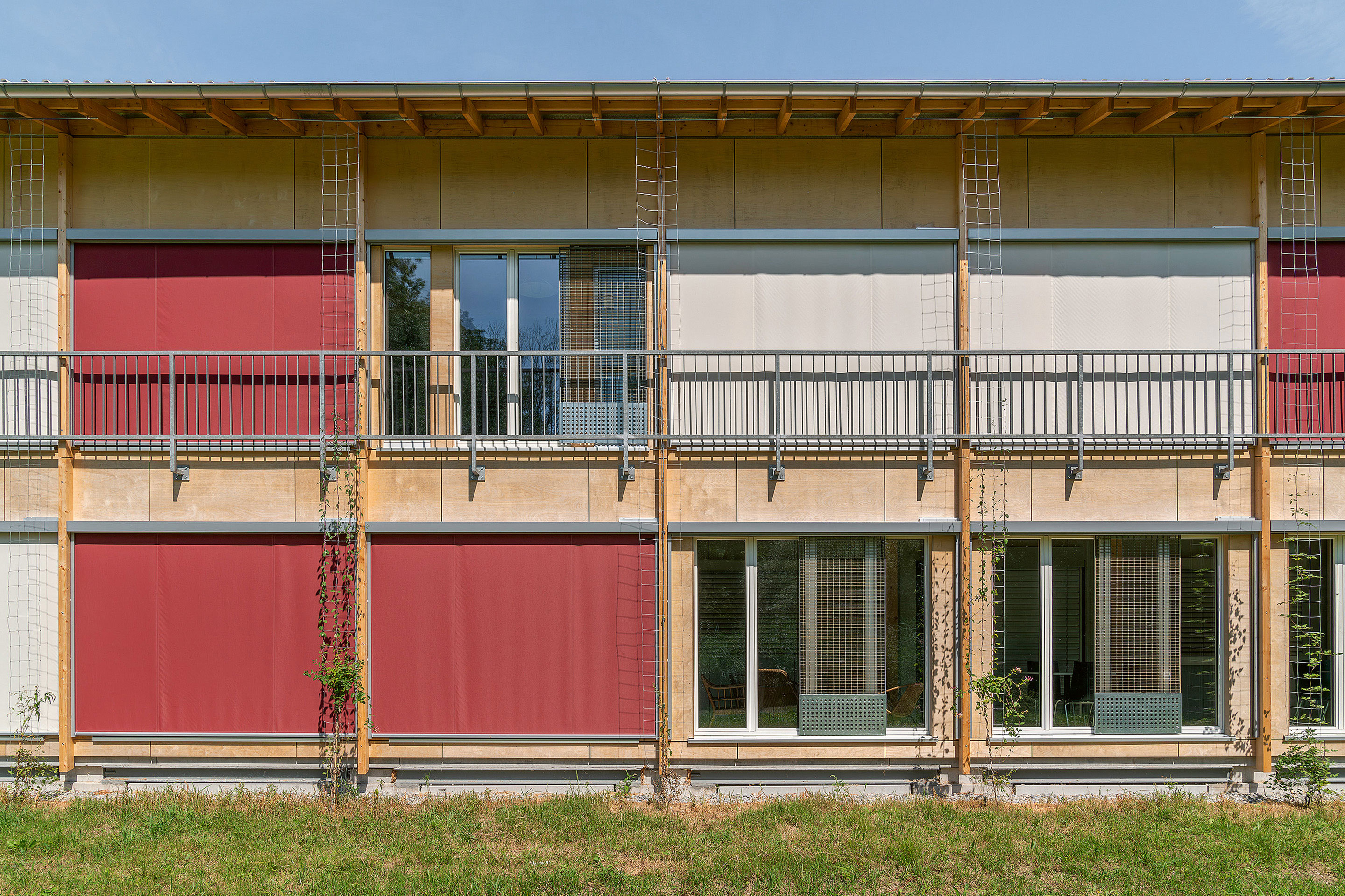 Von aussen wirkt die Fassade der Klimazone sehr homogen. Die Vierteilung der einzelnen Felder strukturiert die Kombination der unterschiedlichen Fenster.