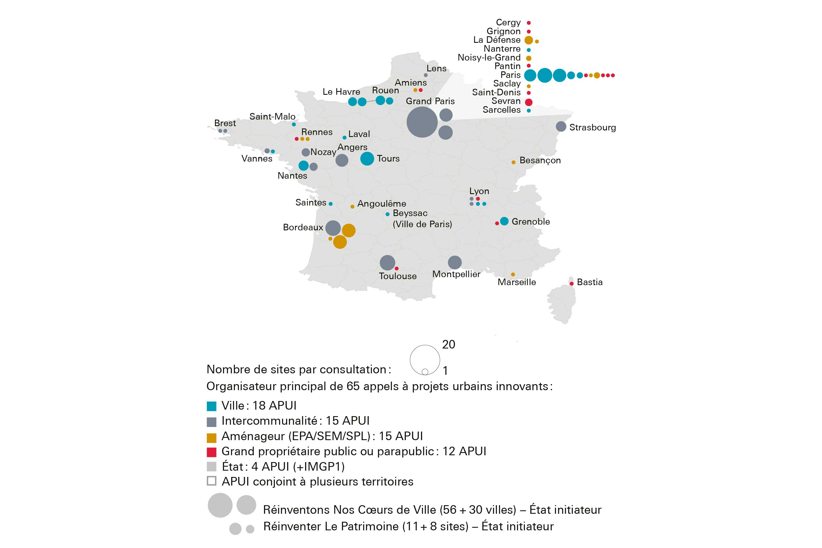 Carte des Appels à projets urbains innovants (APUI) lancés entre 2010 et 2023.
