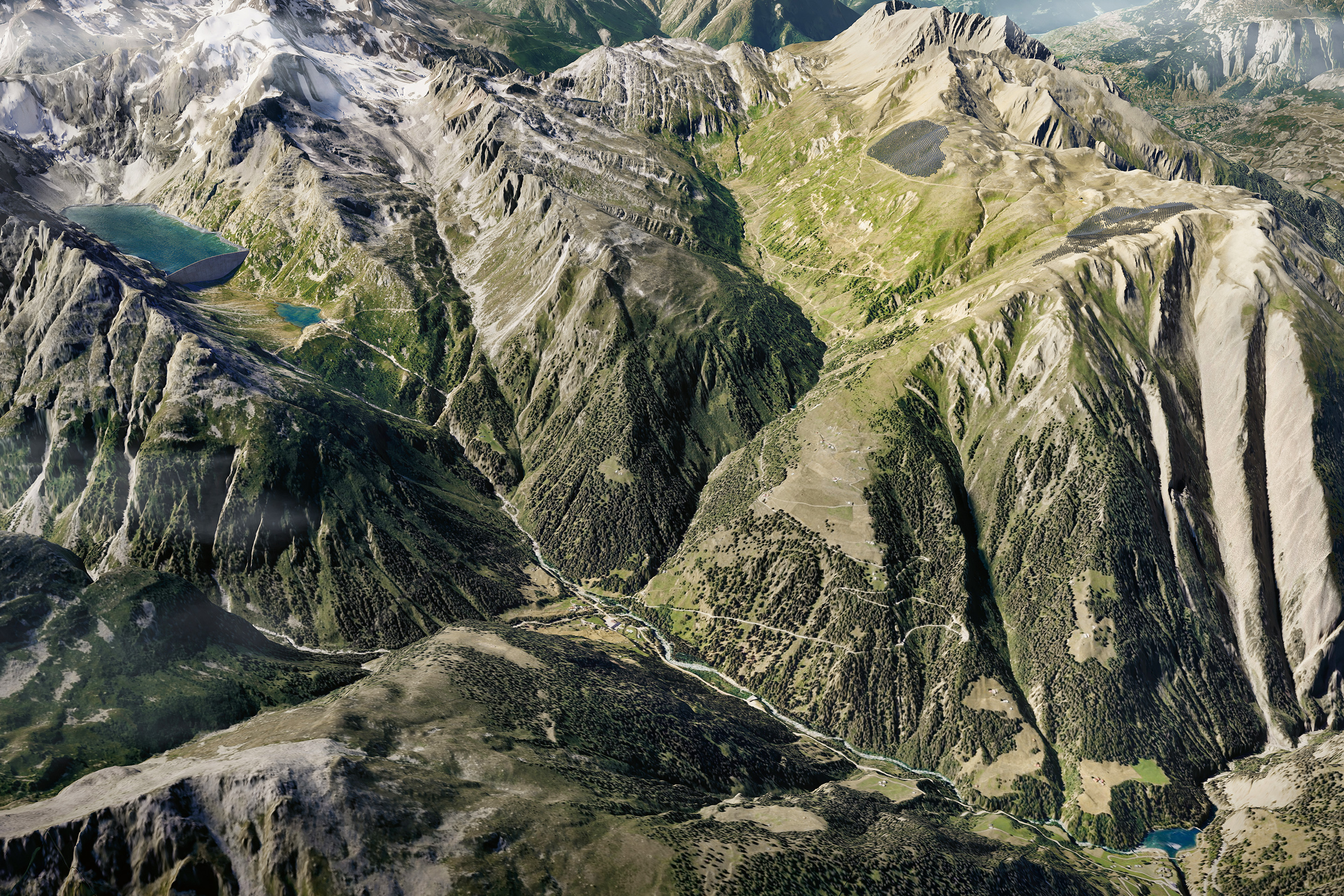 Visualisation du Binntal (VS) avec, à gauche, le projet de barrage du Chummensse et, à droite, les champs photovoltaïques du projet Grengiols-Solar (Grengiols-Solar)