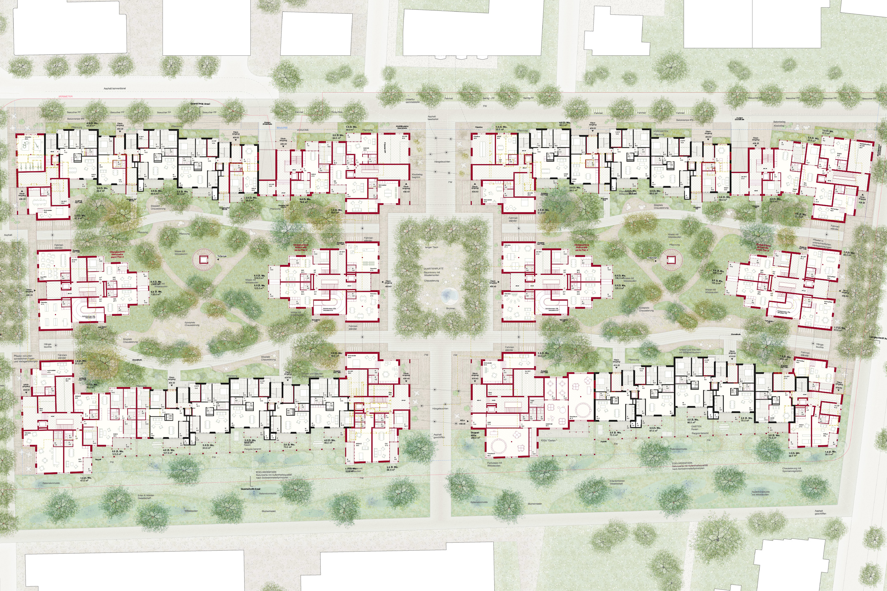 Rénovation de l’ensemble résidentiel Dennlerstrasse, Zurich-Altstetten, propriété de la caisse de pension de l’UBS. Concours de projets anonyme  en deux degrés selon règlement SIA 142 (non certifié). 1er prix / 1er rang : groupement Esch Sintzel Ramser Schmid Architekten + Stauffer Rösch Landschaftsarchitekten