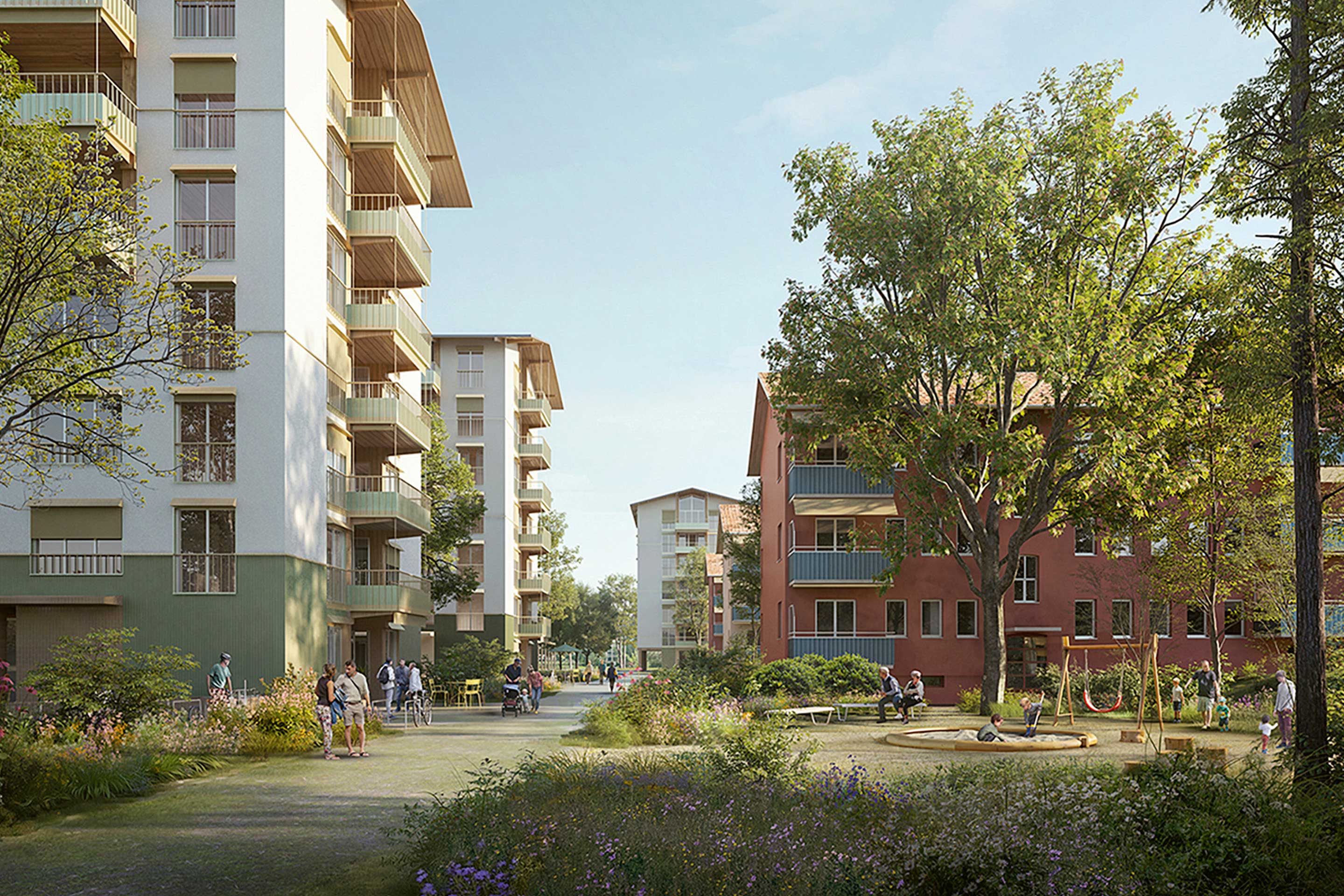 Das Siegerteam um pool Architekten schafft durch neue, siebenstöckige Kopfbauten räumliche Hierarchien. Sie passen sich sowohl formal als auch in ihrer Materialisierung an die bestehende Baustruktur an. Durch die Höhenentwicklung bringen die Kopfbauten Veränderung ins Quartier.