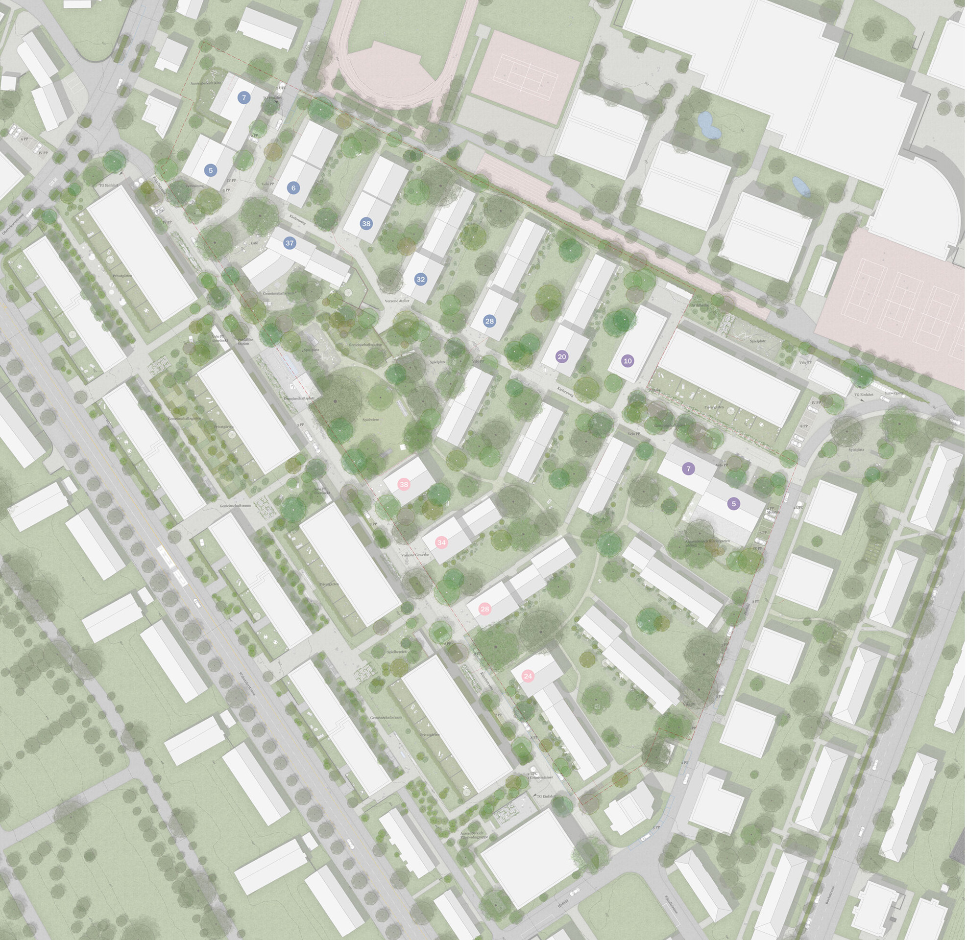Der Bebauungsvorschlag des Siegerteams erhält 80 % des Baumbestands und bezieht die ab 2008 entstandenen Ersatzneubauten von Fischer + Visini Architekten mit ein.