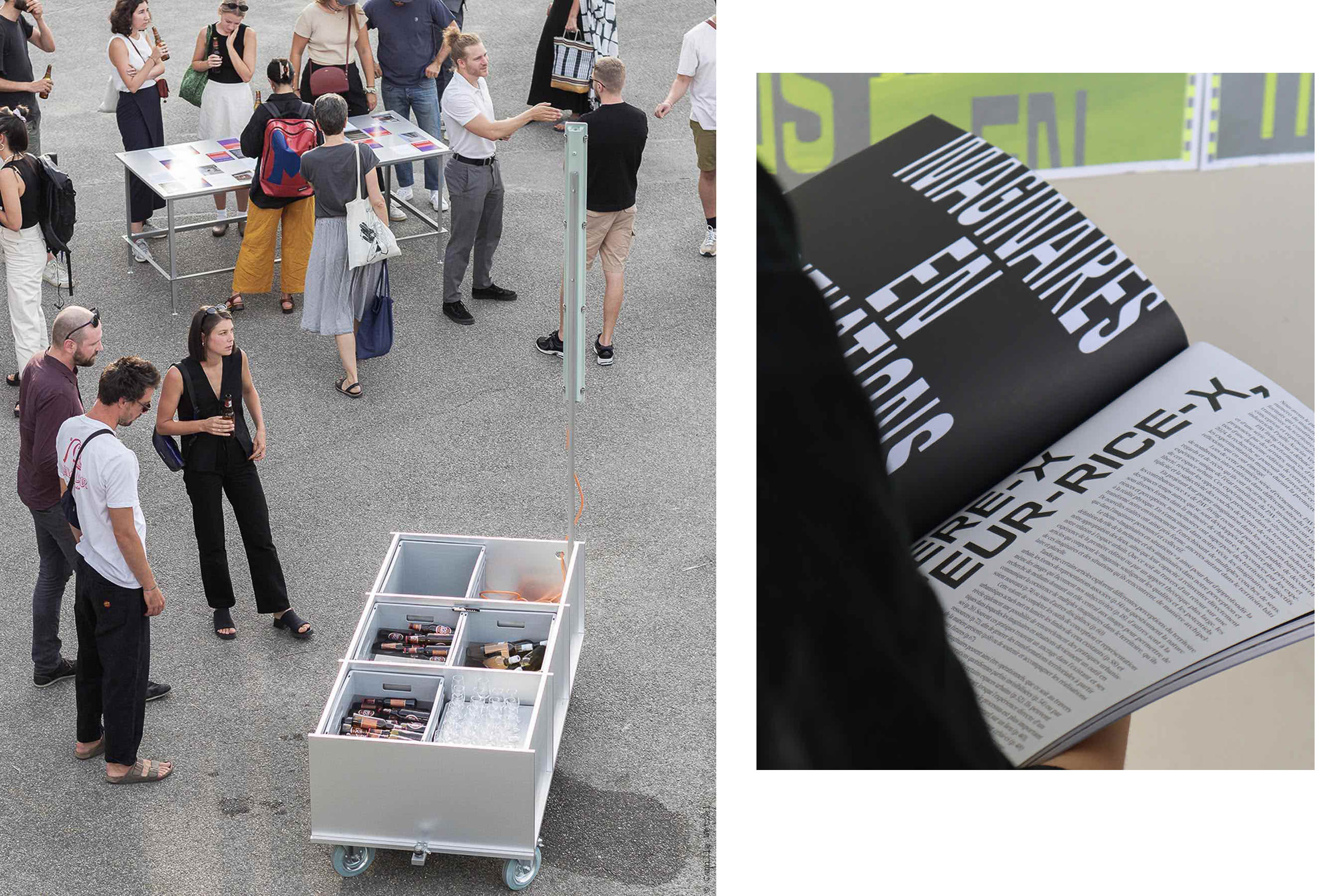 Links: Vernissage einer Ausstellung zu den Aktivitäten des PAV living room im Pavillon Sicli Ende 2023. Rechts: Die erste Ausgabe des Magazins des PAV living room widmete sich dem Thema «Imaginaires en Situations».