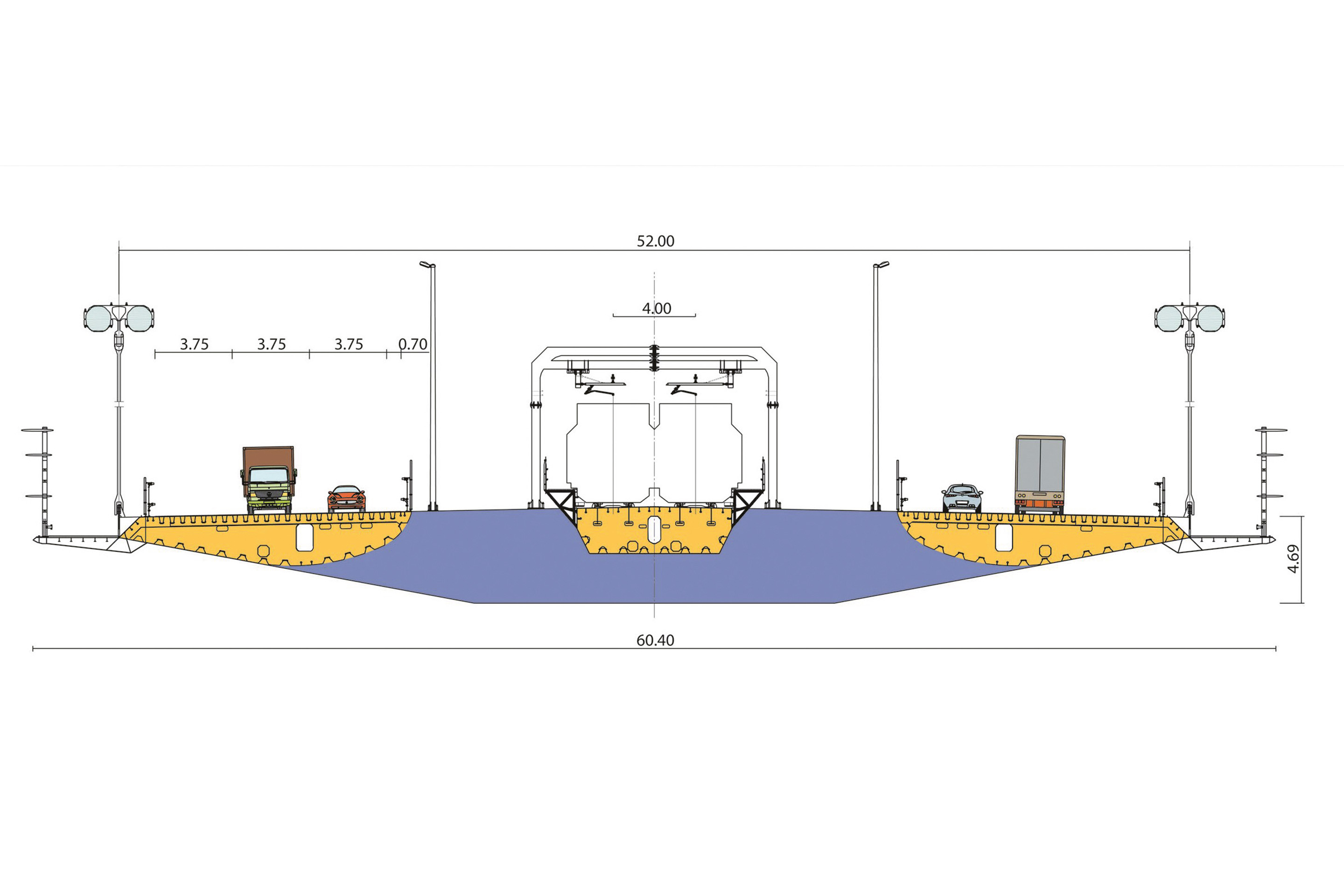 Le tablier est composé de trois caissons qui abritent trois voies pour chaque sens de circulation et deux voies ferrées. Deux voies de service sont installées à l’extérieur des caissons routiers. Ce tablier innovant est connu dans le monde entier sous le nom de «Messina style deck».