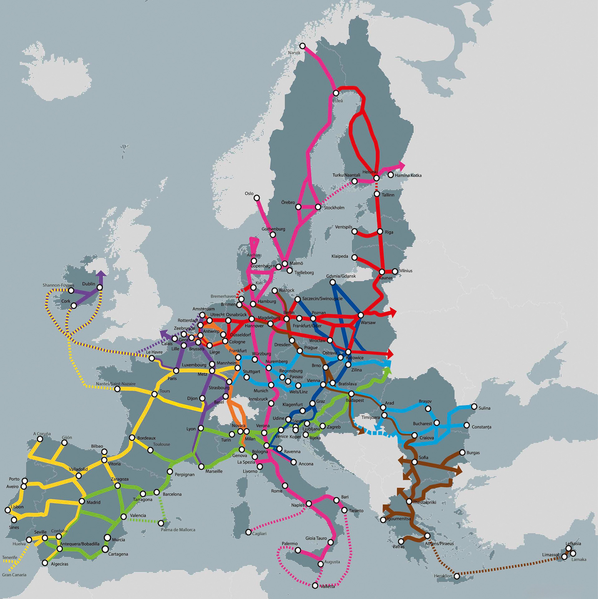 Les neuf grands corridors du réseau transeuropéen de transport (RTE-T)