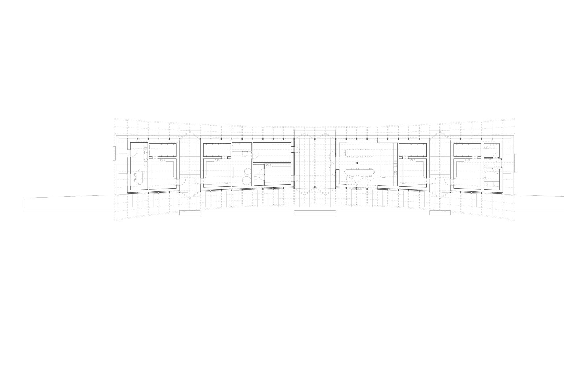 Plan of the new FC Venoge changing rooms, comprising four volumes linked by a vast roof whose elegant curvature marks the central axis.