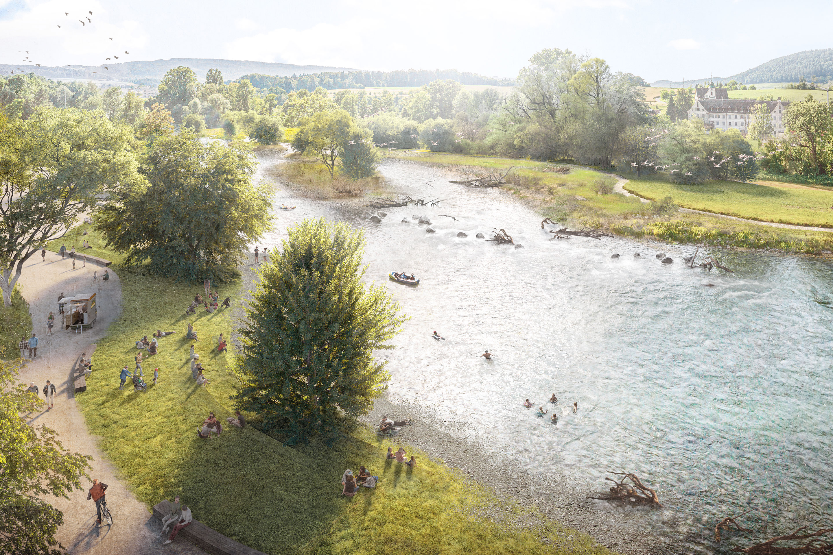 Diese Visualisierung zeigt, wie die Limmat nach der Revitalisierung aussehen kann. Der Fluss wird viel mehr Raum zur  Verfügung haben.