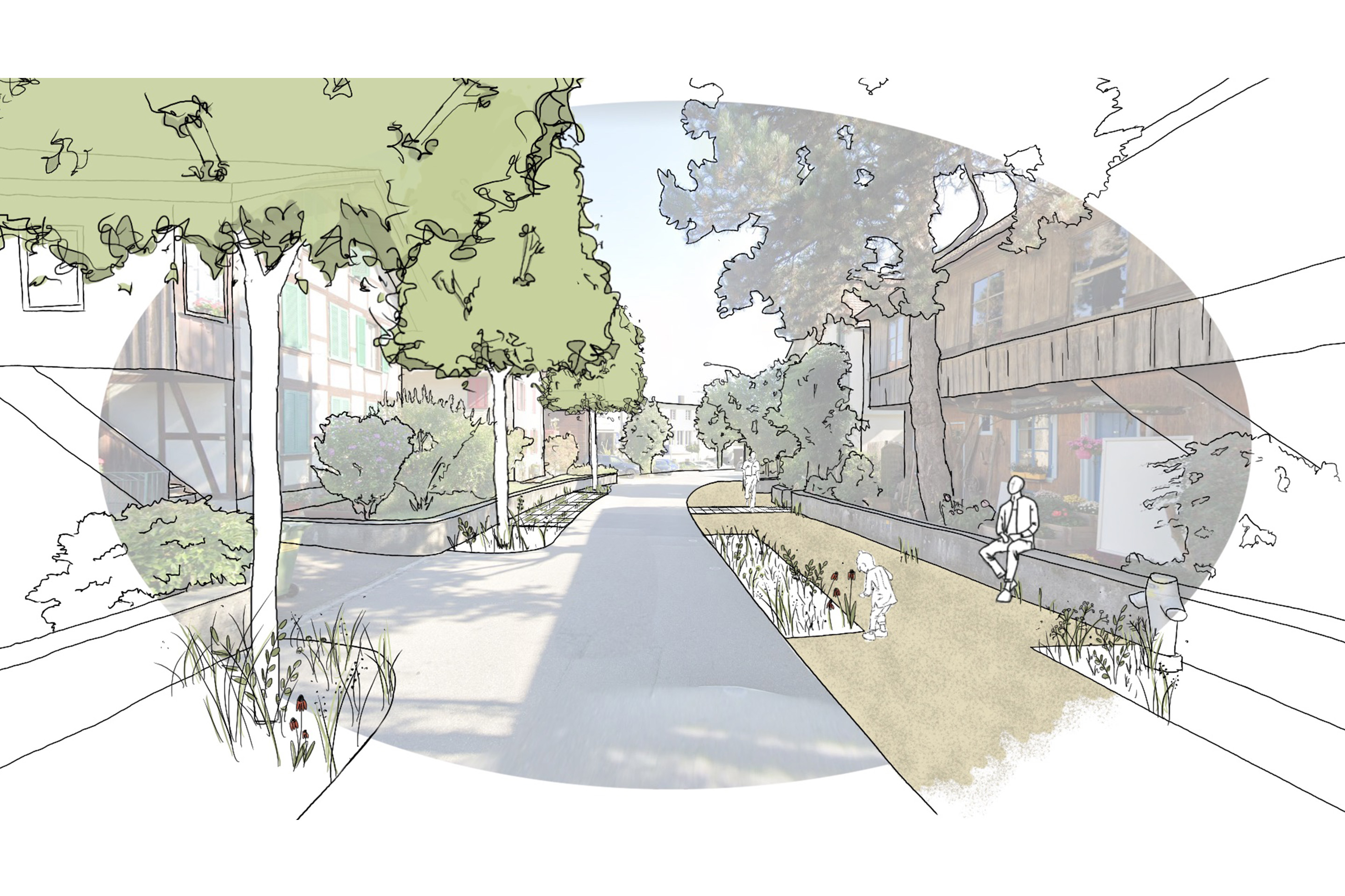Visualisierung von einer Strasse im Stöckackerquartier mit Klimamassnahmen