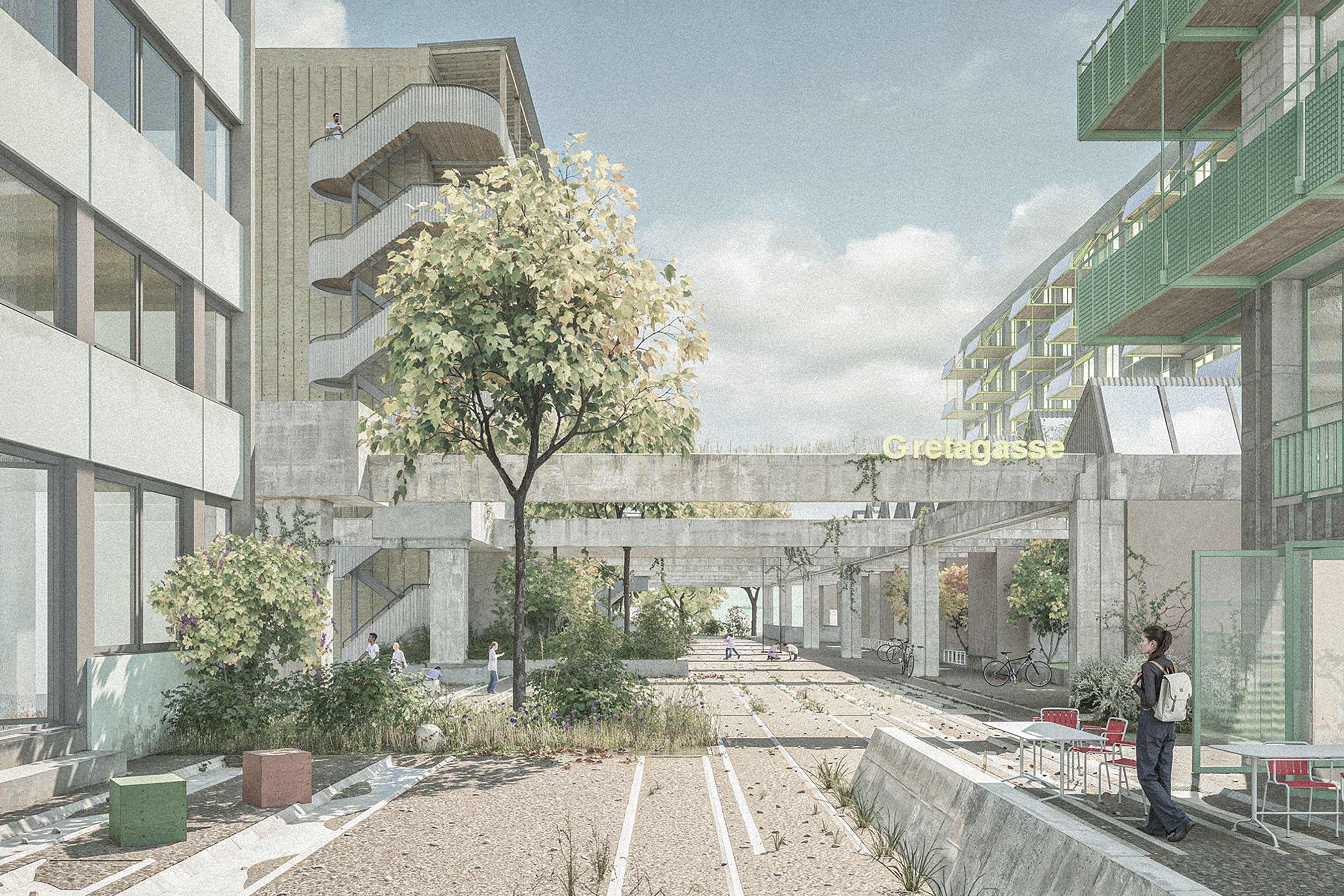 Städtebauliches Palimpsest: Ausgehend vom Masterplan entwickeln Salathé Architekten aus der vorhandenen Struktur des Areals eine offene Konstellation. Rück­gebaute Bauteile werden als identitätsstiftende Elemente gezielt weiter­verwendet.