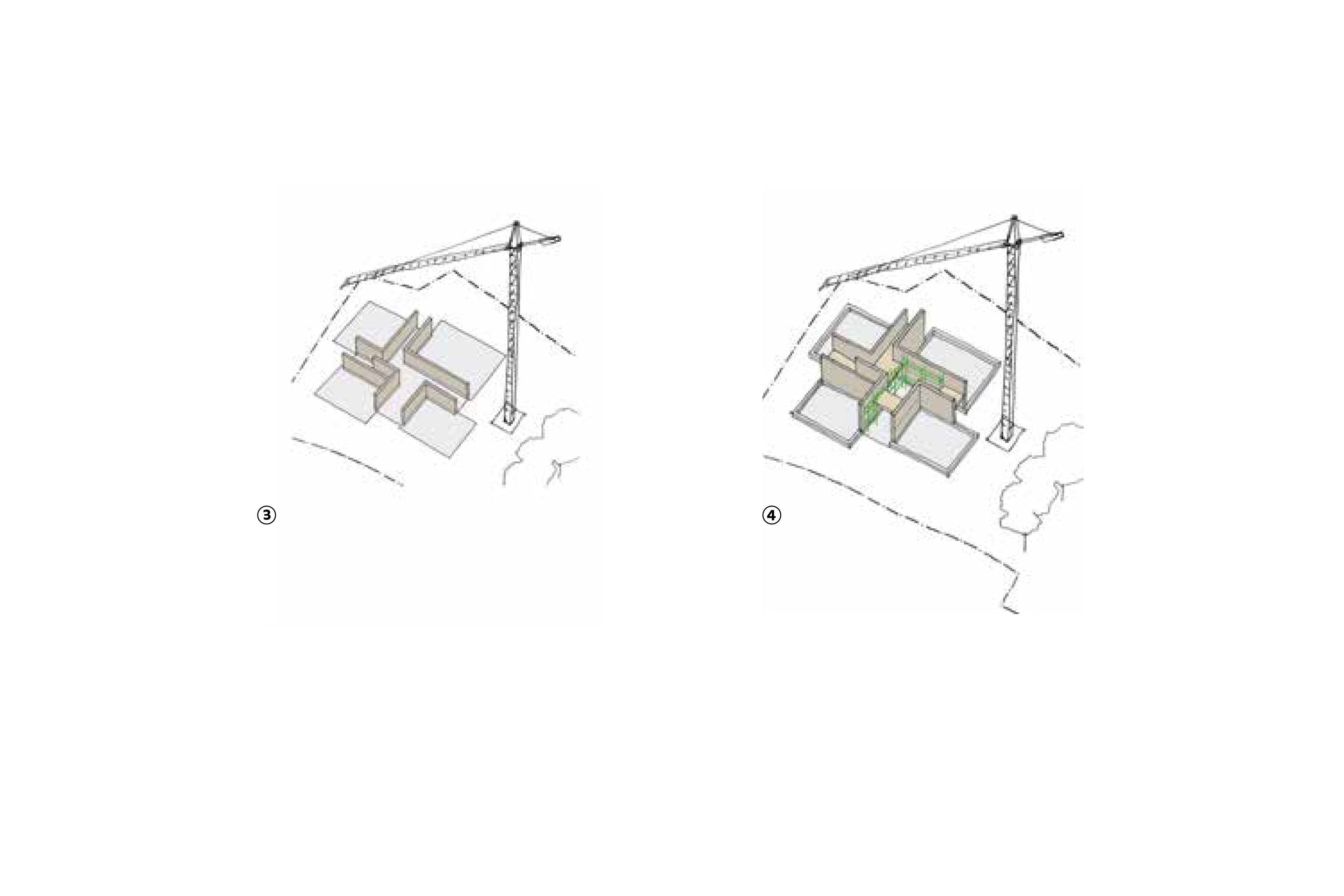 3: Einbau des Stampflehms für die EG-Wände. 4: Verlegen des Zwischenbodens, Einbau des Stampflehms im Obergeschoss.
