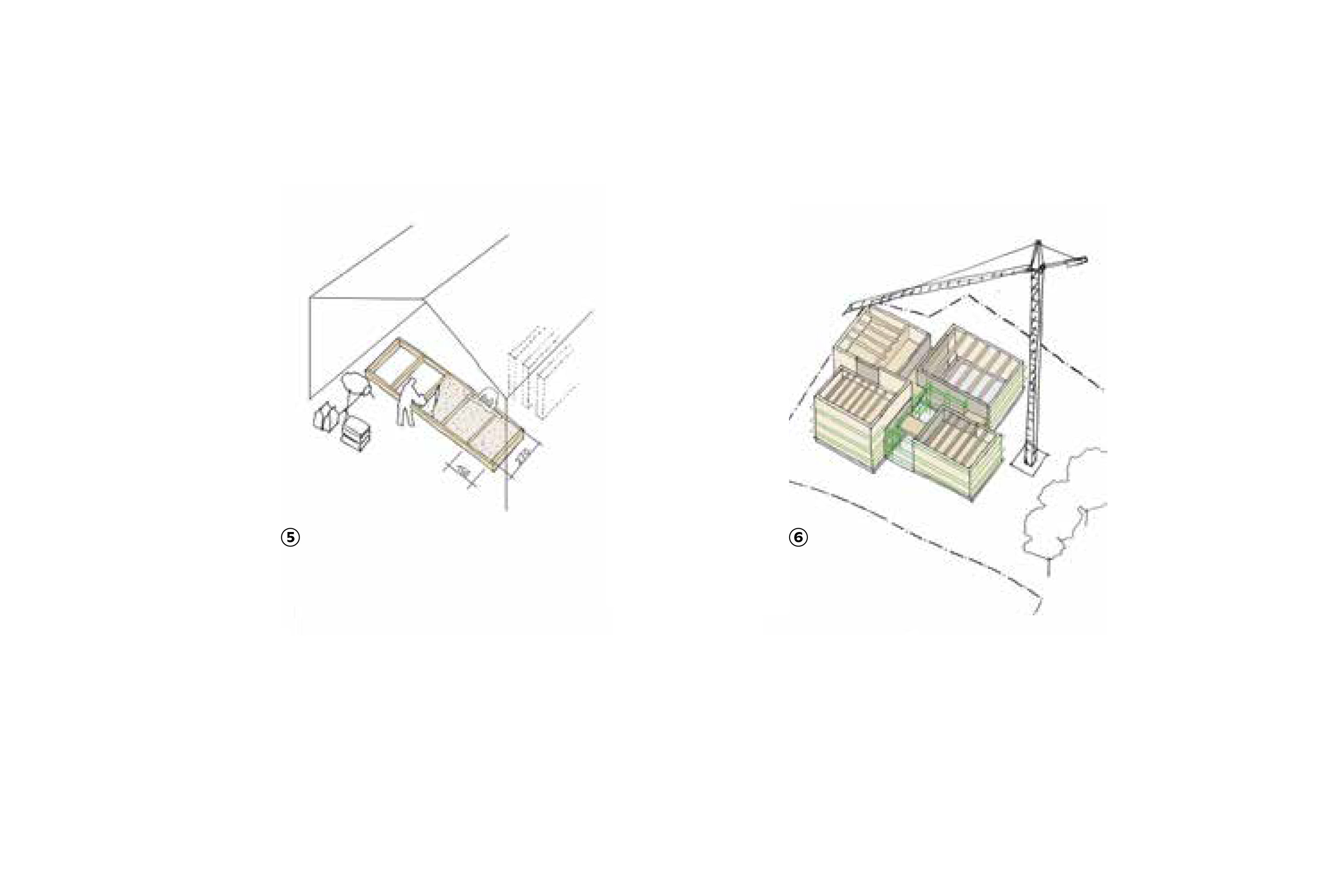 5: Vorfertigung der Fassaden­elemente, Auffüllung mit Hanfkalk. 6: Montage der Tragwerke, der Fassaden­elemente und der Holzböden.