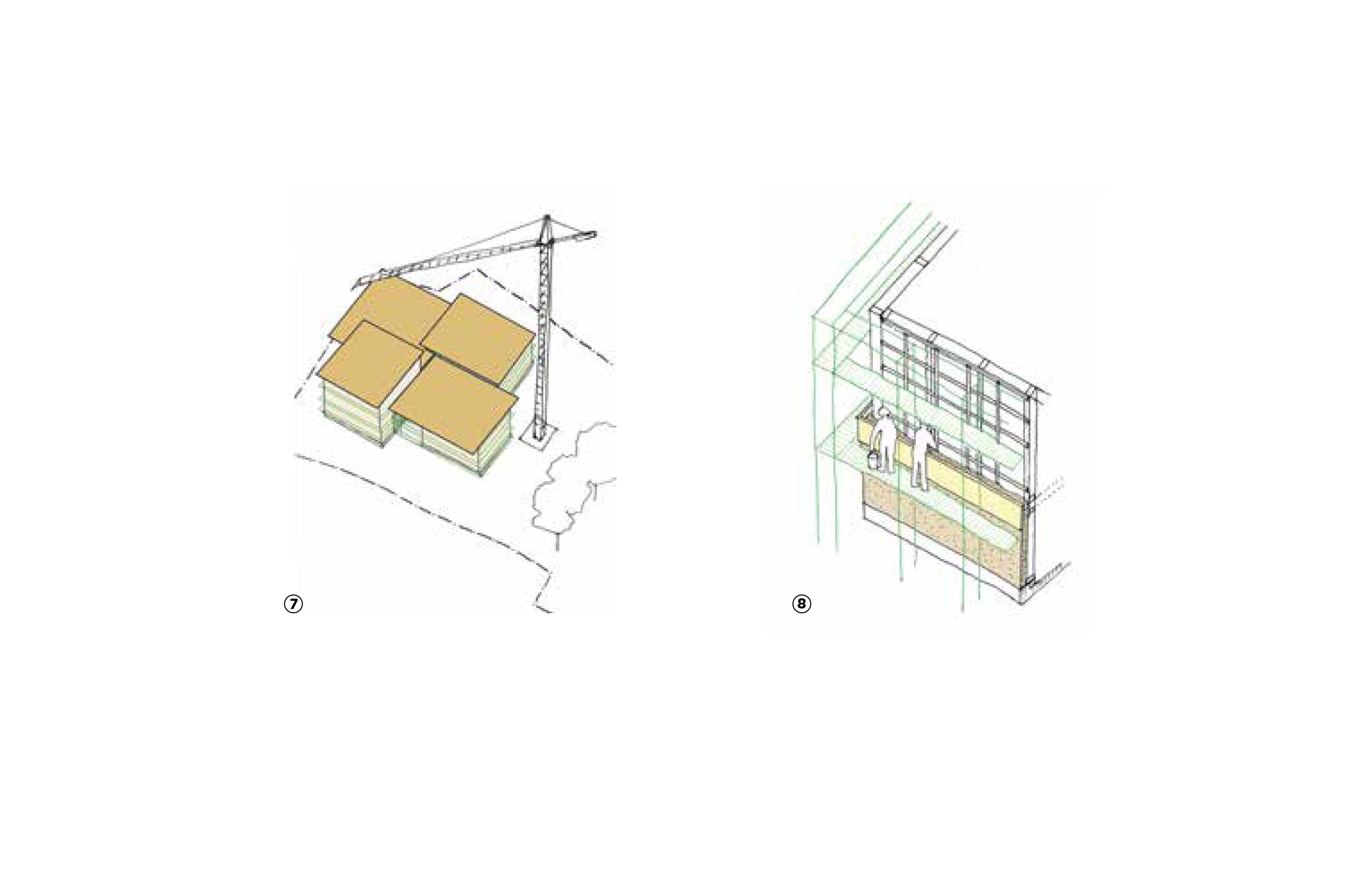 7: Anbringen von Dächern und Fenstern, Wasser- und Windschutz. 8: Verschalung der äusseren Hanfkalk-Schicht an der Fassade.