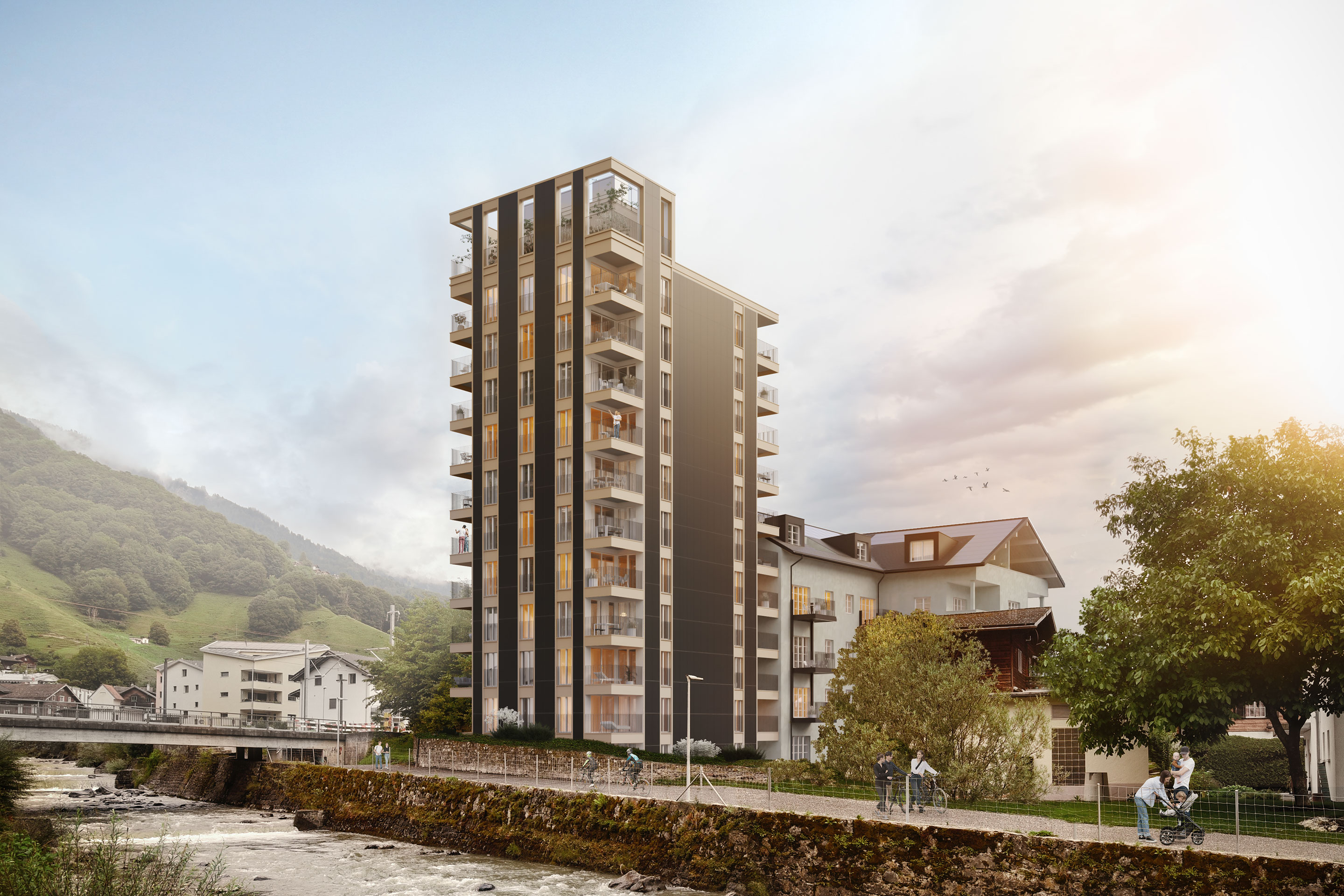 Visualisierung: So soll die neue Mühle Grüsch dereinst aussehen. Photovoltaikmodule auf Dächern und der Turmfassaden produzieren Strom.