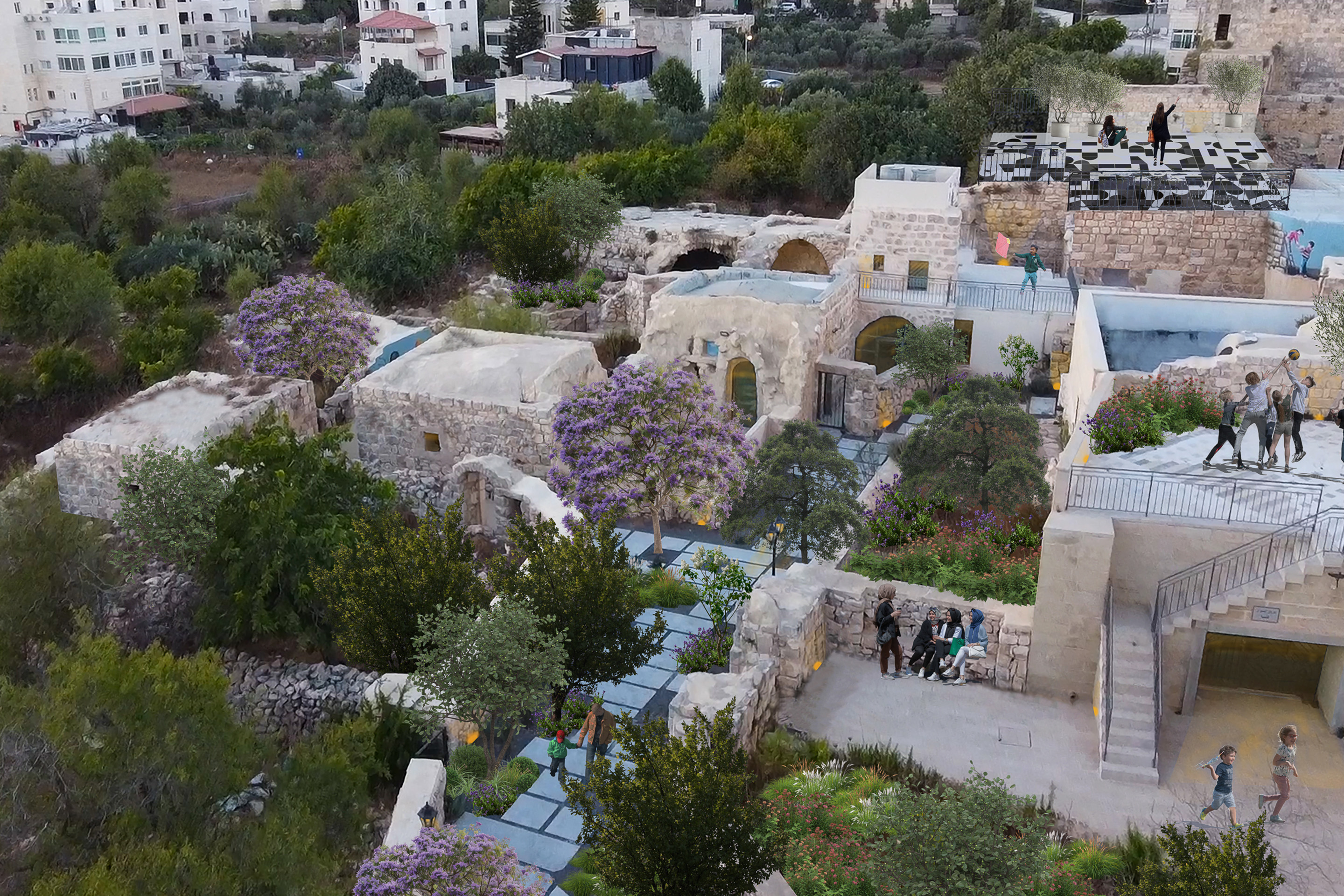 Les nouvelles constructions et les murs en pierre complètent les structures historiques restaurées, préservant ainsi la continuité et le respect du patrimoine culturel.