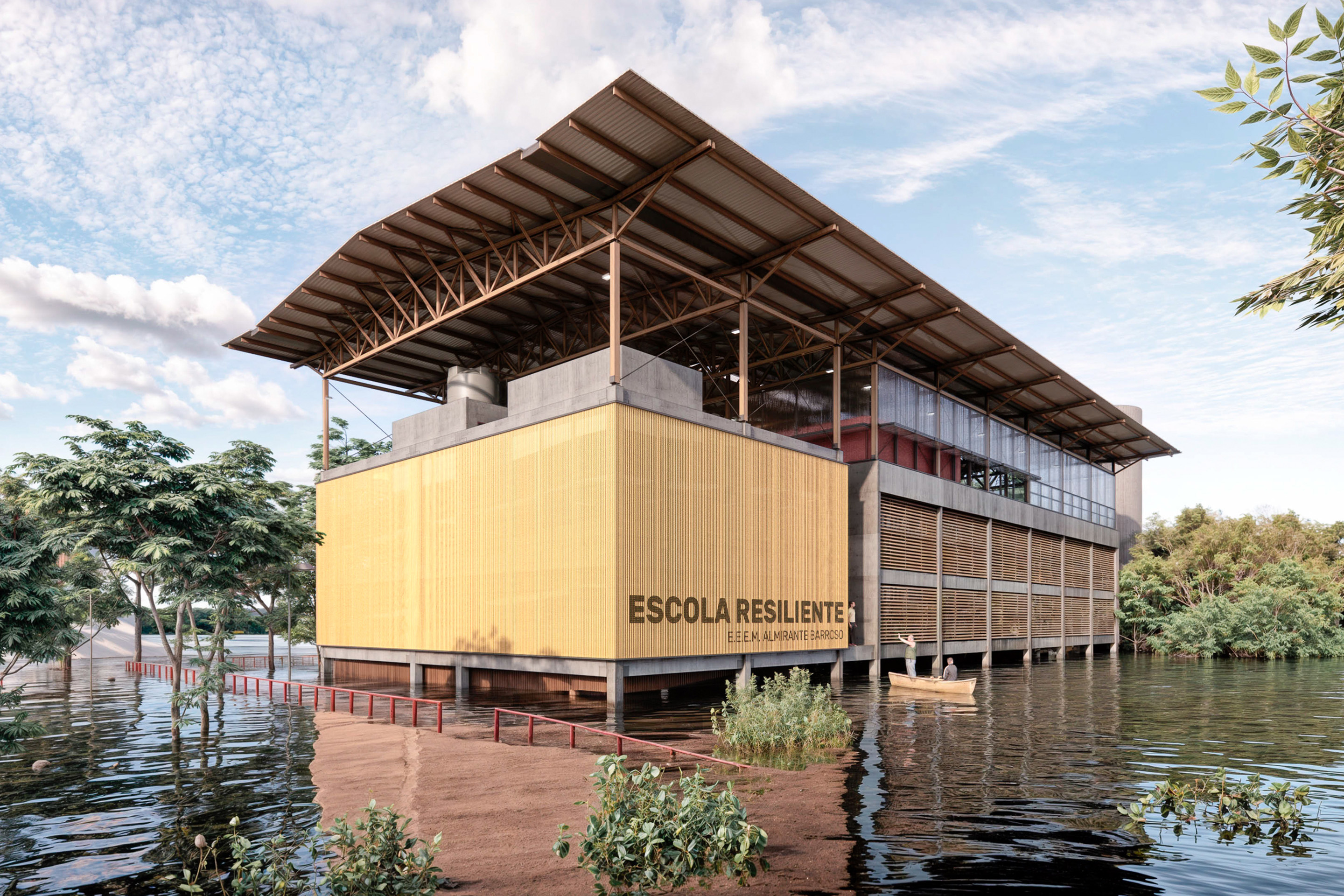 Écoles dans les zones inondables : une école publique brésilienne a été réaménagée pour servir de refuge à plusieurs étages pendant les inondations annuelles. Elle offre ainsi à la population locale un abri vital, tandis que son architecture unique sert elle-même d'outil pédagogique.