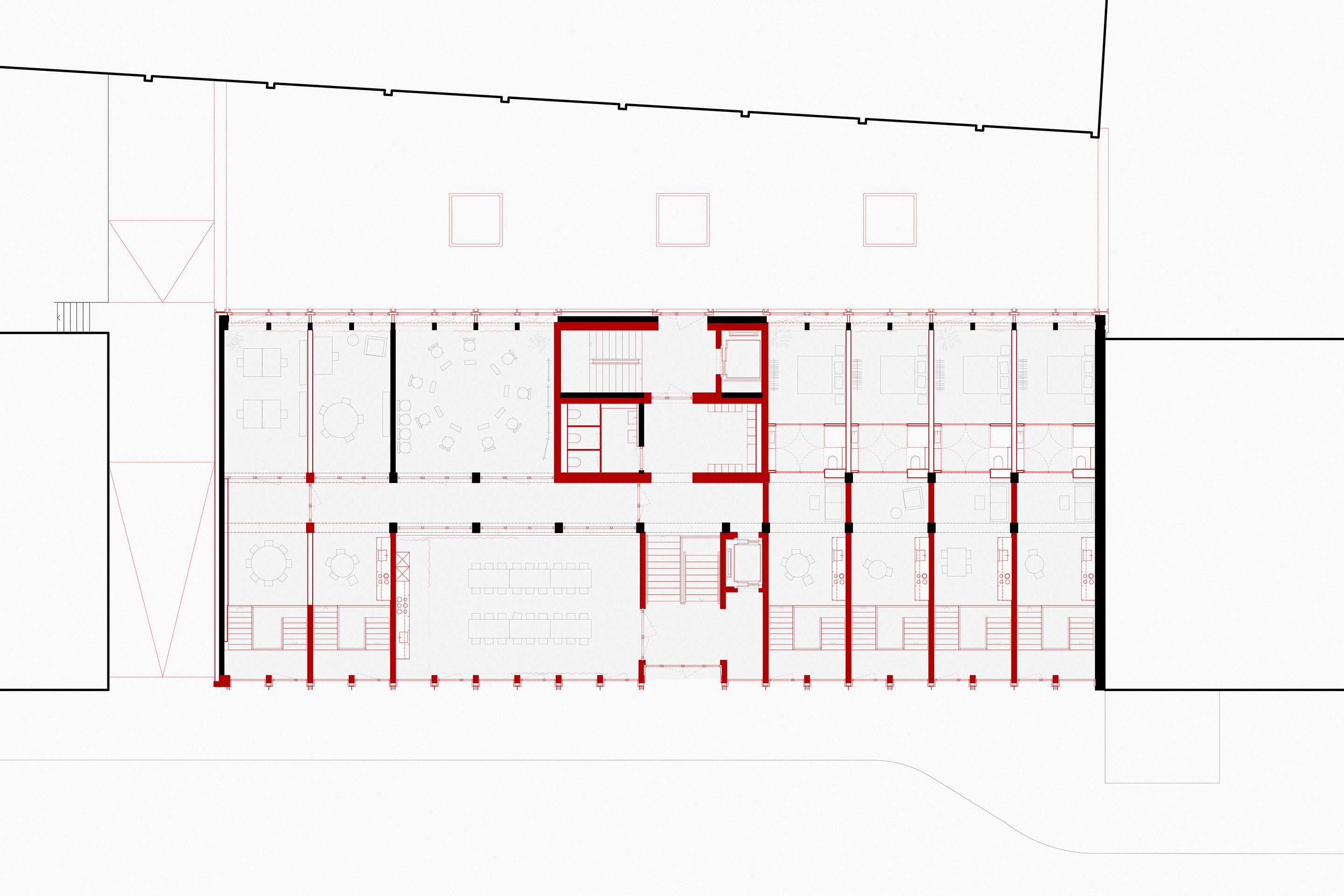 Erdgeschoss mit Gemeinschaftsraum, Co-Working-Spaces und Ateliers.