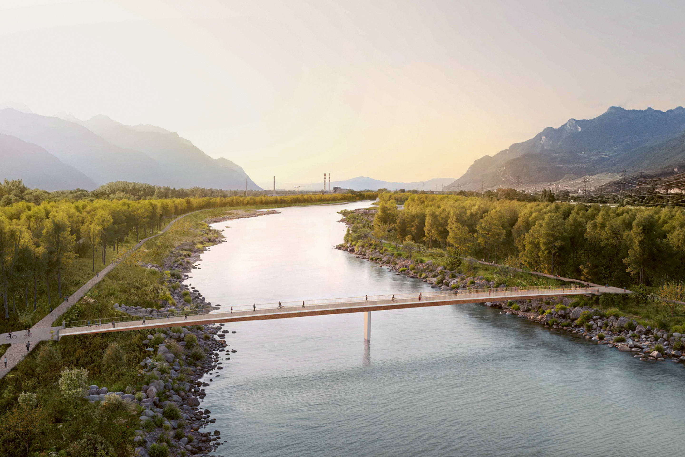 Passerelle de la Gryonne, entre Monthey (VS) et Bex (VD) : visualisation vers l'aval du projet lauréat Larus