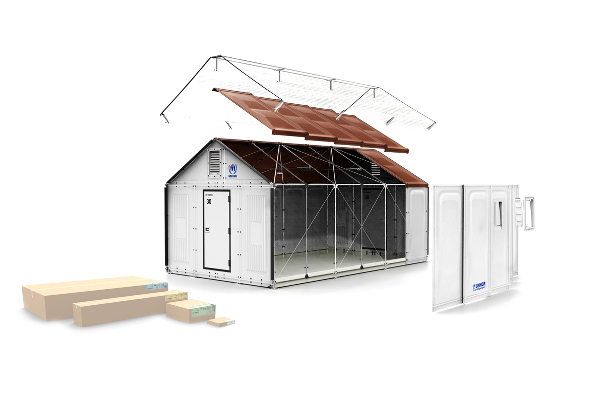 Prototyp eines «better Shelter» mit Einzelteilen.