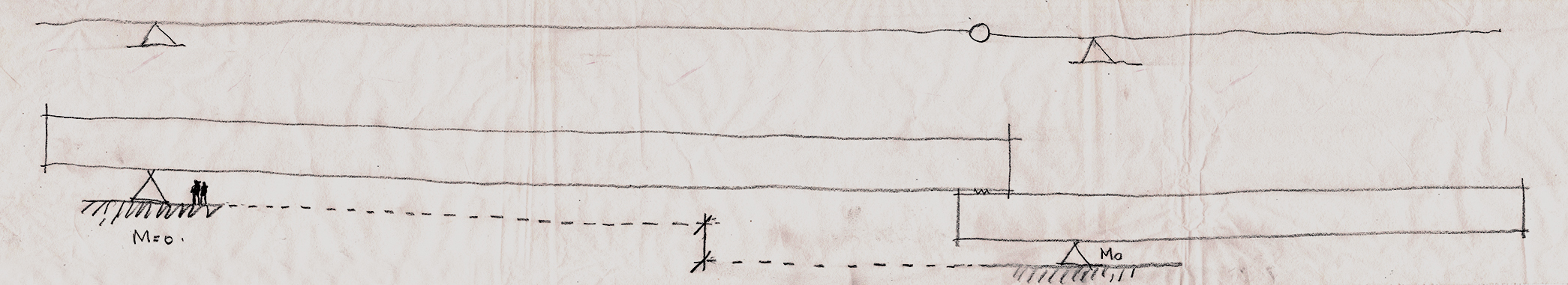 Schizzo di progetto di Javier Corvàlan che illustra l'idea di due bilancieri sovrapposti e non connessi monoliticamente tra di loro.