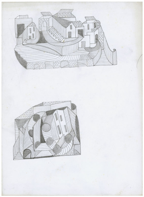 Die Bleistiftzeichnung der Französin Jacqueline Fromanteau (1925–1976) zeigt den unbeschwerten Umgang der Art-Brut-Künstlerin mit räumlicher Darstellung und Perspektive. Es handelt sich um von ihren Reisen inspirierte architektonische Erfindungen.