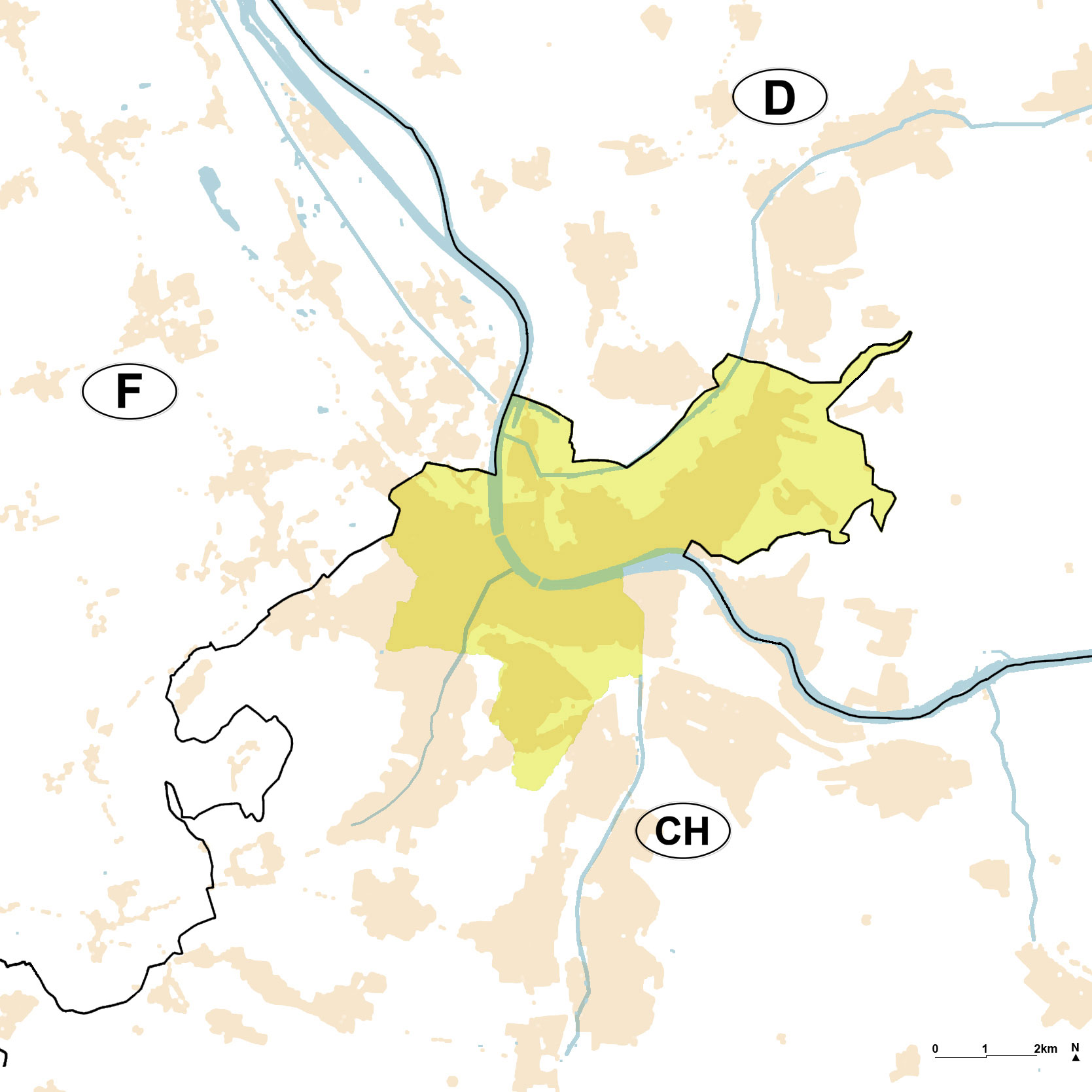 Bâle au cœur d’un territoire métropolitain trinational. Les limites administratives de la ville se confondent au nord et à l’est avec les frontières française et allemande.