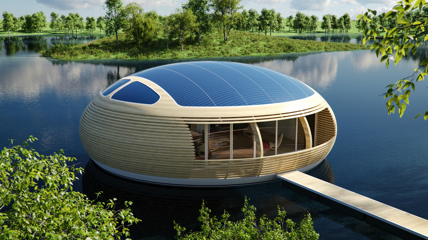 Veduta esterna dell'abitazione galleggiante Waternest 100, Giancarlo Zema Design Group per EcoFloLife.
