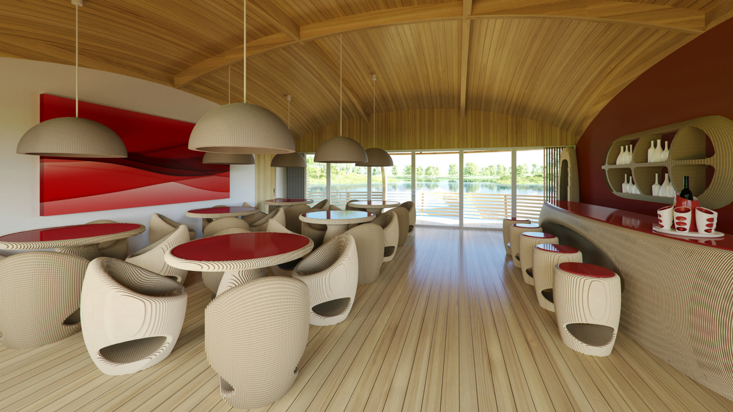 Configurazione lounge bar unità abitativa galleggiante Waternest 100, Giancarlo Zema Design Group per EcoFloLife