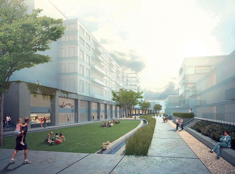 Siegerprojekt &amp;laquo;Strawberry Fields&amp;raquo; (BHSF Architekten mit Christian Salewski): Das Zentrum des Quartiers bildet ein langgestreckter Park, durch den der Stadtbach fliesst. (Visualisierung: Projektverfasser)