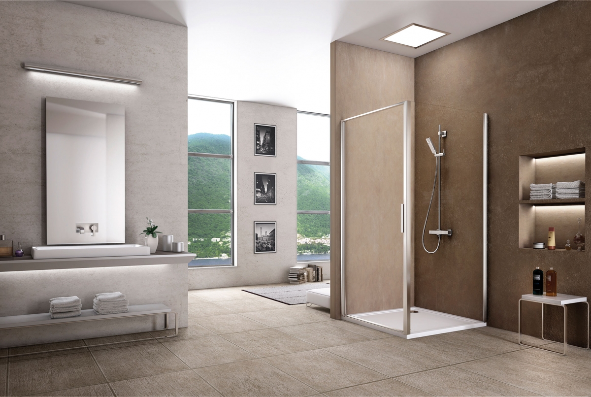 Linea Quadra, soluzione ad angolo con porta battente ed elemento laterale