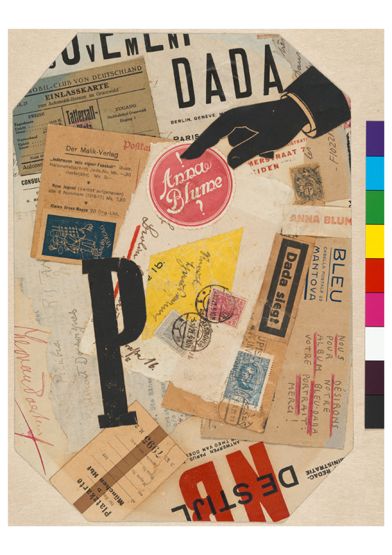Raoul Haussmann, P, um 1920-1921. Collage mit bedrucktem Papier und Tinte, 31,2 x 22 cm. Diese Collage wurde zwar nicht für «dadaglobe» eingereicht, enthält aber Fragmente aus dem «dadaglobe»-Rundbrief. Hamburger Kunsthalle, Kupferstichkabinett.